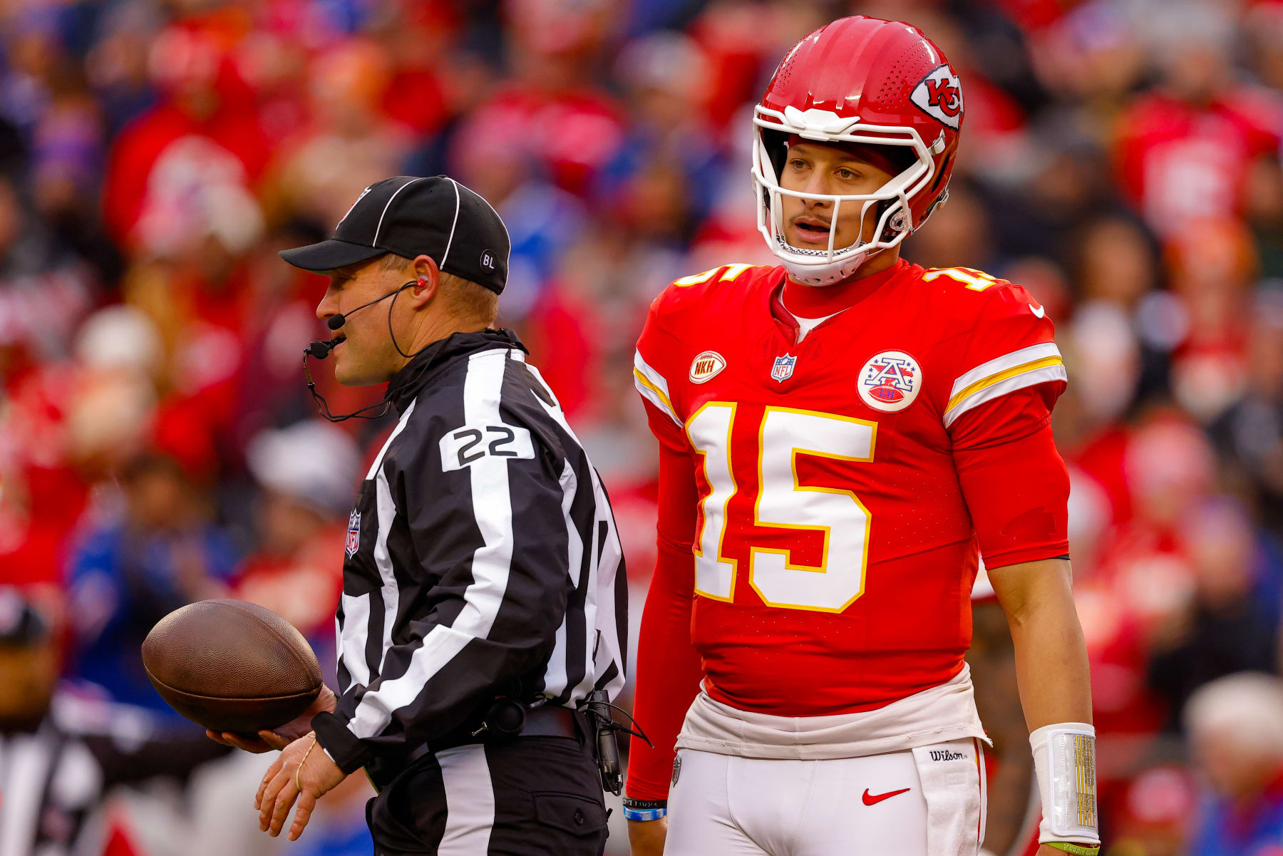 KANSAS CITY, MISSOURI - DECEMBER 10: Patrick Mahomes #15 of the Kansas City Chiefs looks to the sidelines during the first quarter against the Buffalo Bills at GEHA Field at Arrowhead Stadium on December 10, 2023 in Kansas City, Missouri. (Photo by David Eulitt/Getty Images)