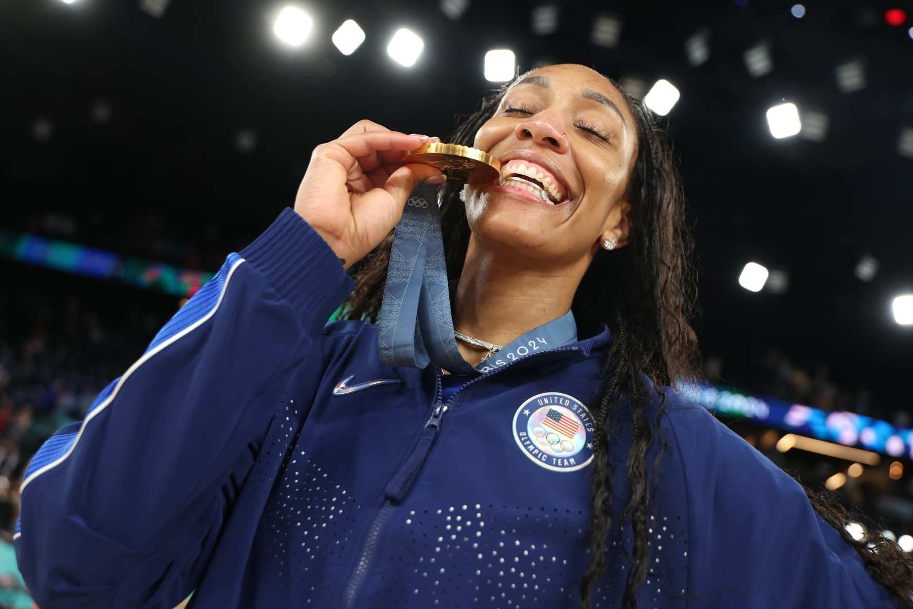 PARIS, FRANCE - AUGUST 11: Gold medalist A'Ja Wilson #9 of Team United States poses for a photo during the Women's basketball medal ceremony on day sixteen of the Olympic Games Paris 2024 at Bercy Arena on August 11, 2024 in Paris, France. (Photo by Gregory Shamus/Getty Images)