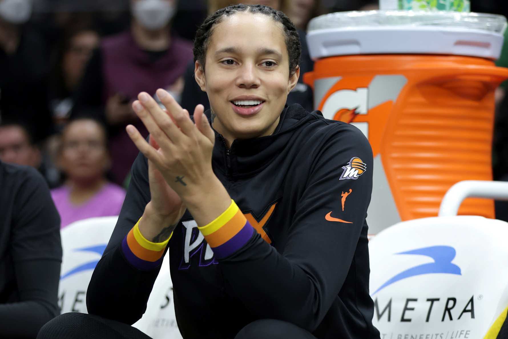 SEATTLE, WASHINGTON - SEPTEMBER 07: Brittney Griner #42 of the Phoenix Mercury looks on before a game against the Seattle Storm at Climate Pledge Arena on September 07, 2024 in Seattle, Washington. NOTE TO USER: User expressly acknowledges and agrees that, by downloading and or using this photograph, User is consenting to the terms and conditions of the Getty Images License Agreement. (Photo by Rio Giancarlo/Getty Images)