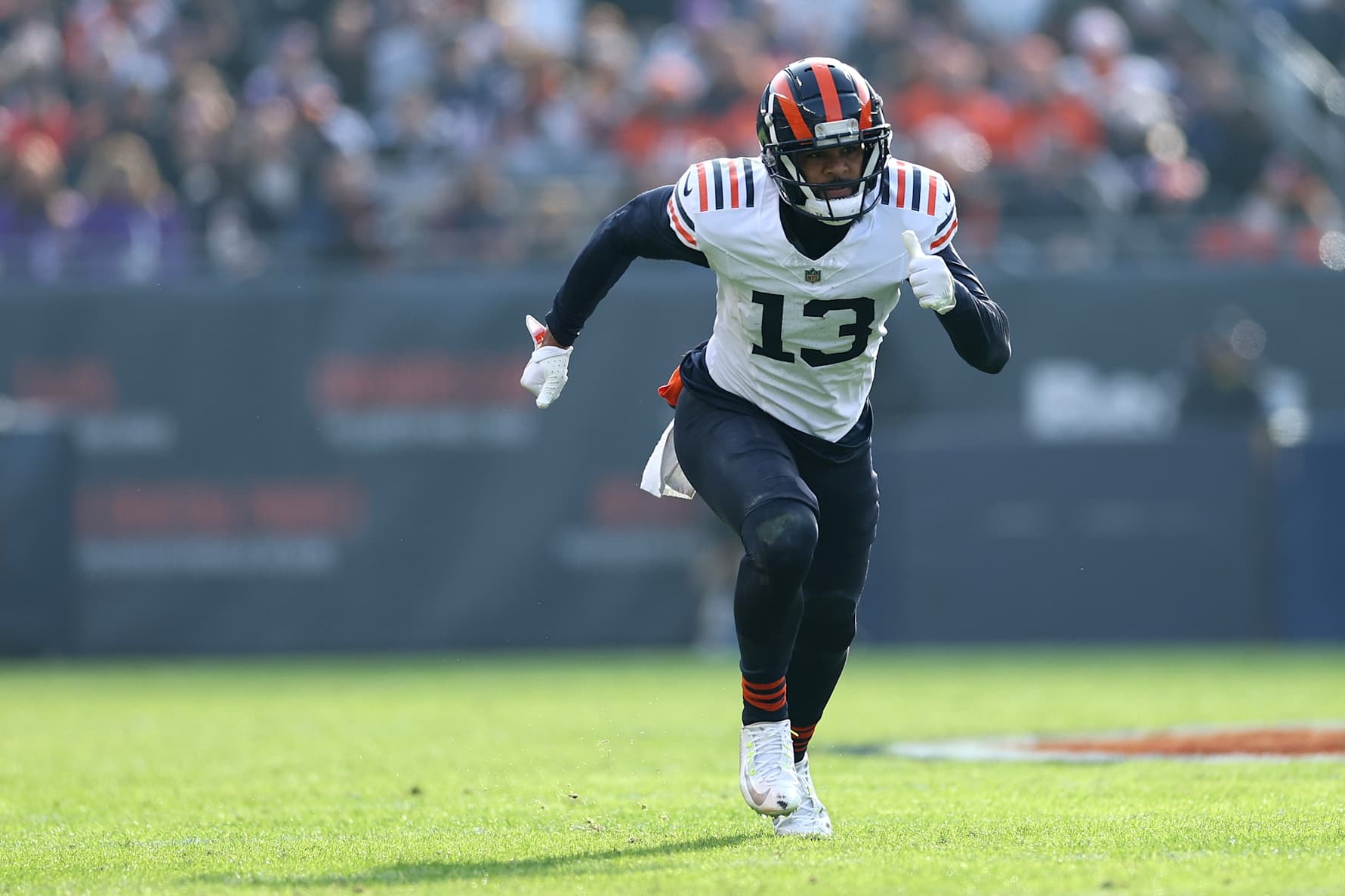 CHICAGO, ILLINOIS - NOVEMBER 24: Keenan Allen #13 of the Chicago Bears in action against the Minnesota Vikings at Soldier Field on November 24, 2024 in Chicago, Illinois. (Photo by Luke Hales/Getty Images)