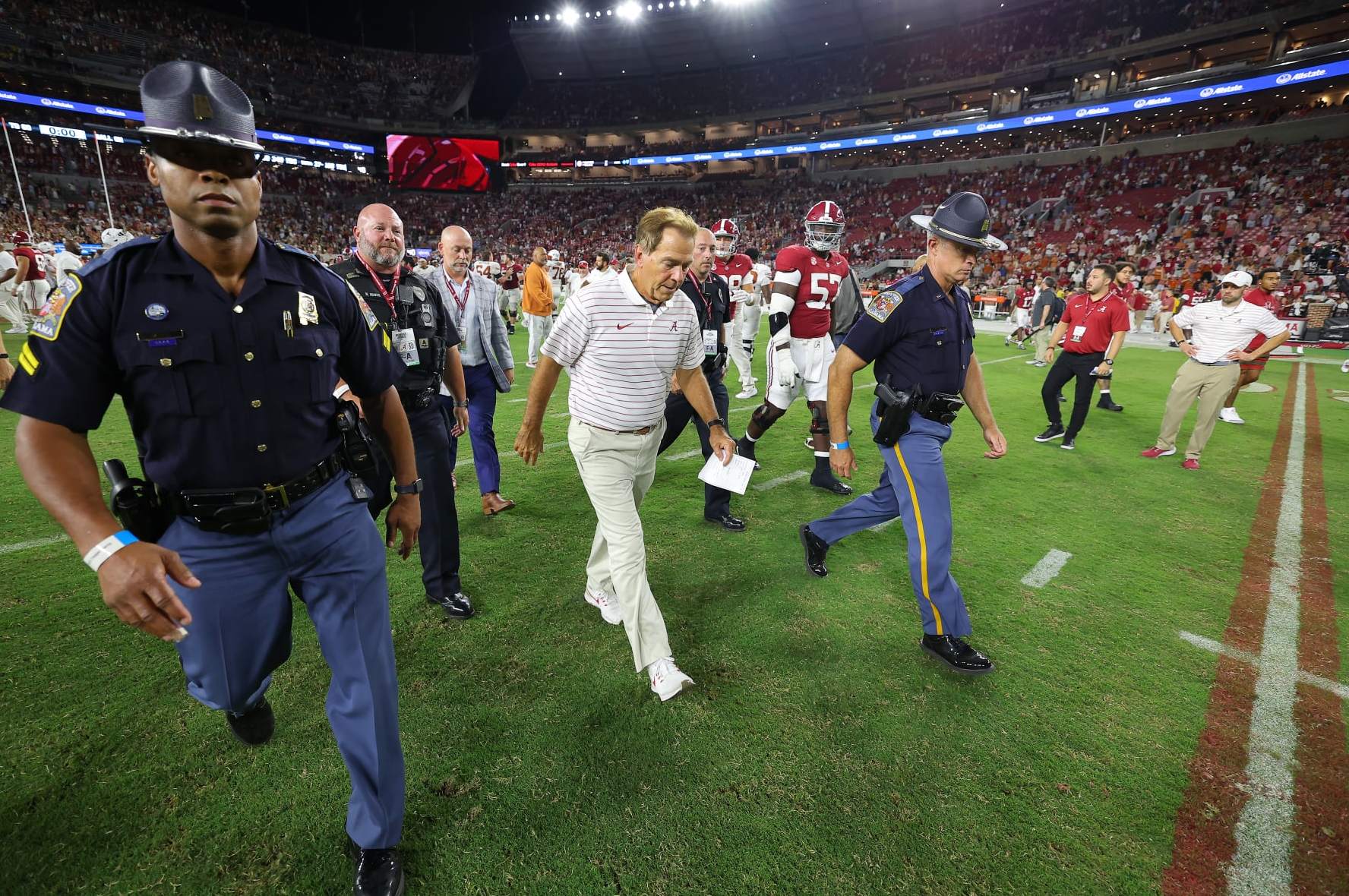TUSCALOOSA, ALABAMA - SEPTEMBER 09: Head coach Nick Saban of the Alabama Crimson Tide walks off the field after losing to the Texas Longhorns 34-24 at Bryant-Denny Stadium on September 09, 2023 in Tuscaloosa, Alabama. (Photo by Kevin C. Cox/Getty Images)