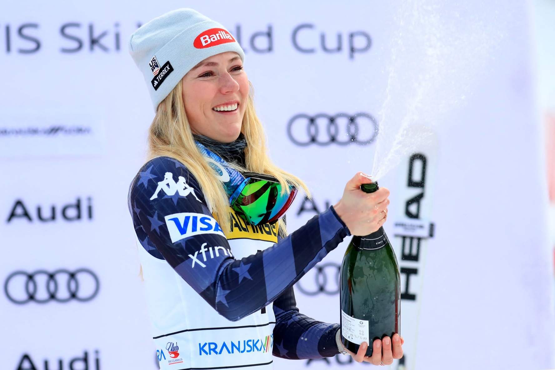 American Mikaela Shiffrin celebrates on the podium after winning the Women's Giant Slalom event of the FIS Alpine Ski World Cup in Kranjska Gora on January 8, 2023. - Mikaela Shiffrin equalled Lindsey Vonn's women's record of 82 World Cup victories when she won the giant slalom at Kranjska Gora on January 8, 2023. (Photo by Pierre TEYSSOT / AFP) (Photo by PIERRE TEYSSOT/AFP via Getty Images)