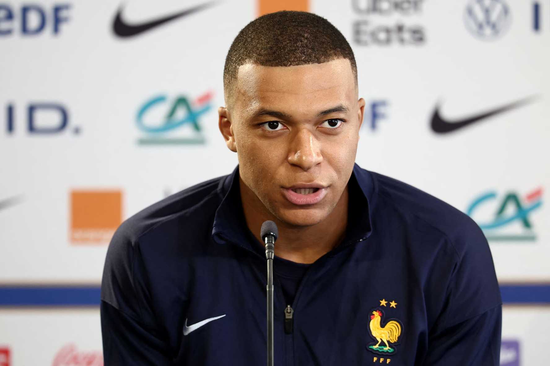 France's forward Kylian Mbappe speaks during a press conference on the eve of the team's international friendly against Luxembourg, as part of their preparations for the UEFA Euro 2024 European football championships, in Longeville-les-Metz, eastern France, on June 4, 2024. (Photo by FRANCK FIFE / AFP) (Photo by FRANCK FIFE/AFP via Getty Images)