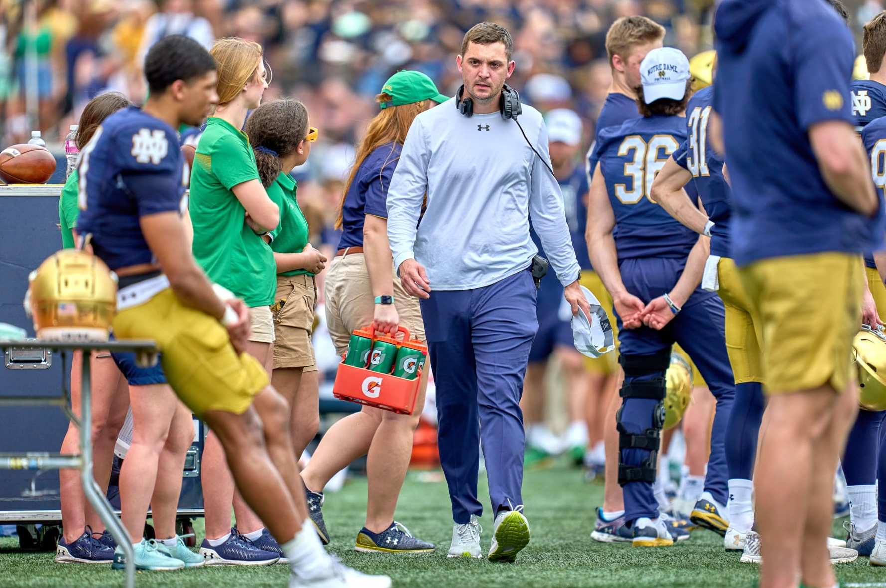 SOUTH BEND, IN - APRIL 23: Notre Dame Fighting Irish offensive coordinator Tommy Rees looks on during the Notre Dame Blue-Gold Spring Football Game on April 23, 2022 at Notre Dame Stadium in South Bend, IN. (Photo by Robin Alam/Icon Sportswire via Getty Images)