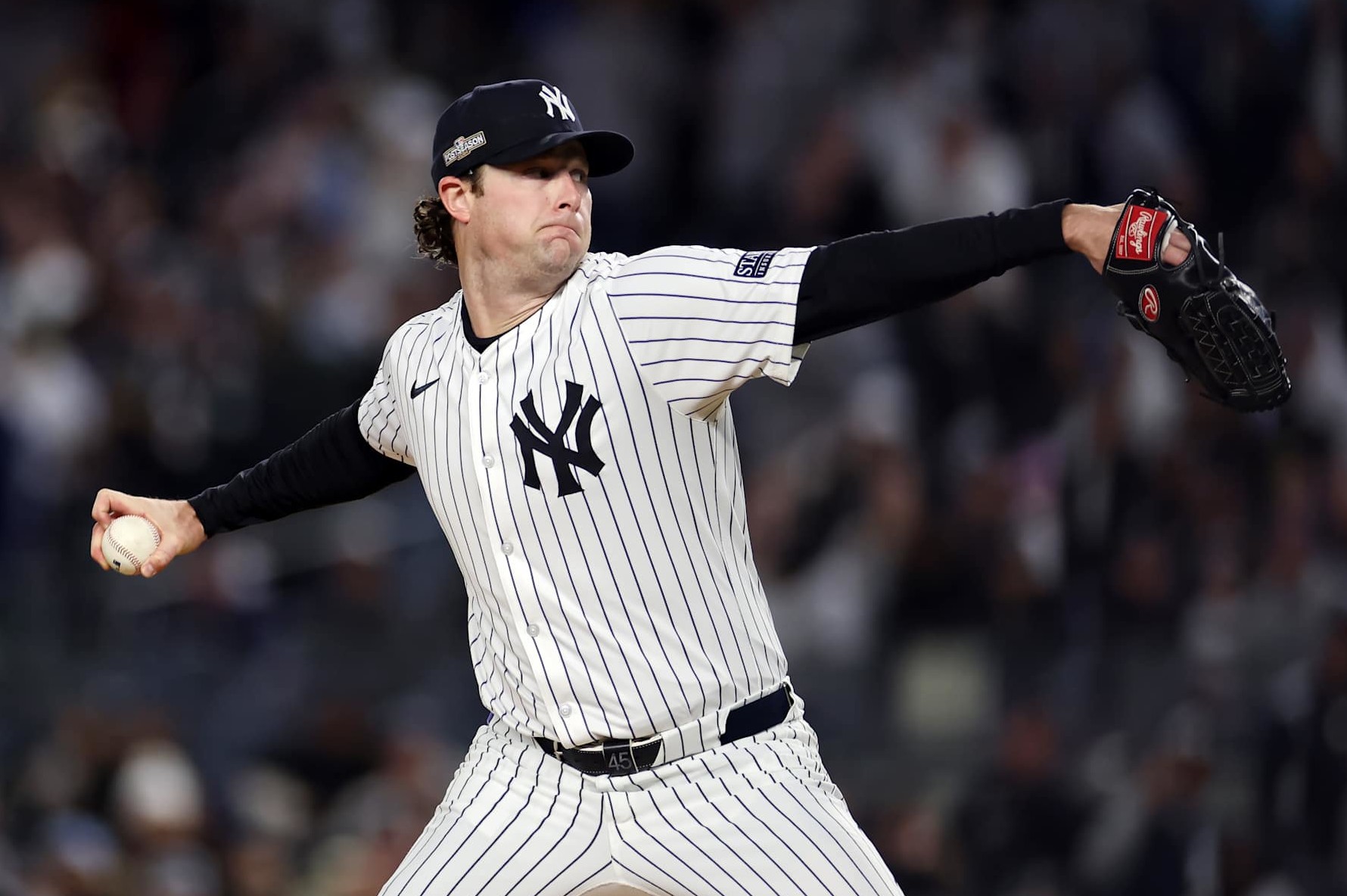 NEW YORK, NEW YORK - OCTOBER 15: Gerrit Cole #45 of the New York Yankees delivers a pitch in the first inning against the Cleveland Guardians during Game Two of the American League Championship Series at Yankee Stadium on October 15, 2024 in New York City. (Photo by Sarah Stier/Getty Images)