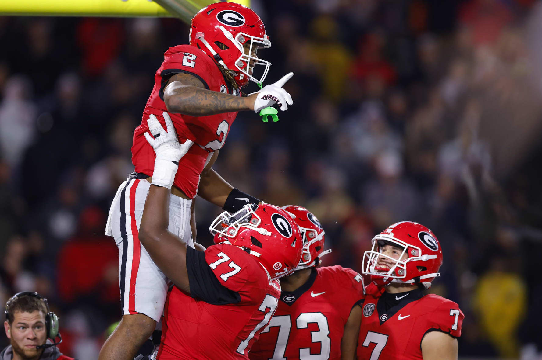 ATLANTA, GEORGIA - NOVEMBER 25: Kendall Milton #2 of the Georgia Bulldogs reacts following a touchdown during the third quarter against the Georgia Tech Yellow Jackets at Bobby Dodd Stadium on November 25, 2023 in Atlanta, Georgia. (Photo by Todd Kirkland/Getty Images)