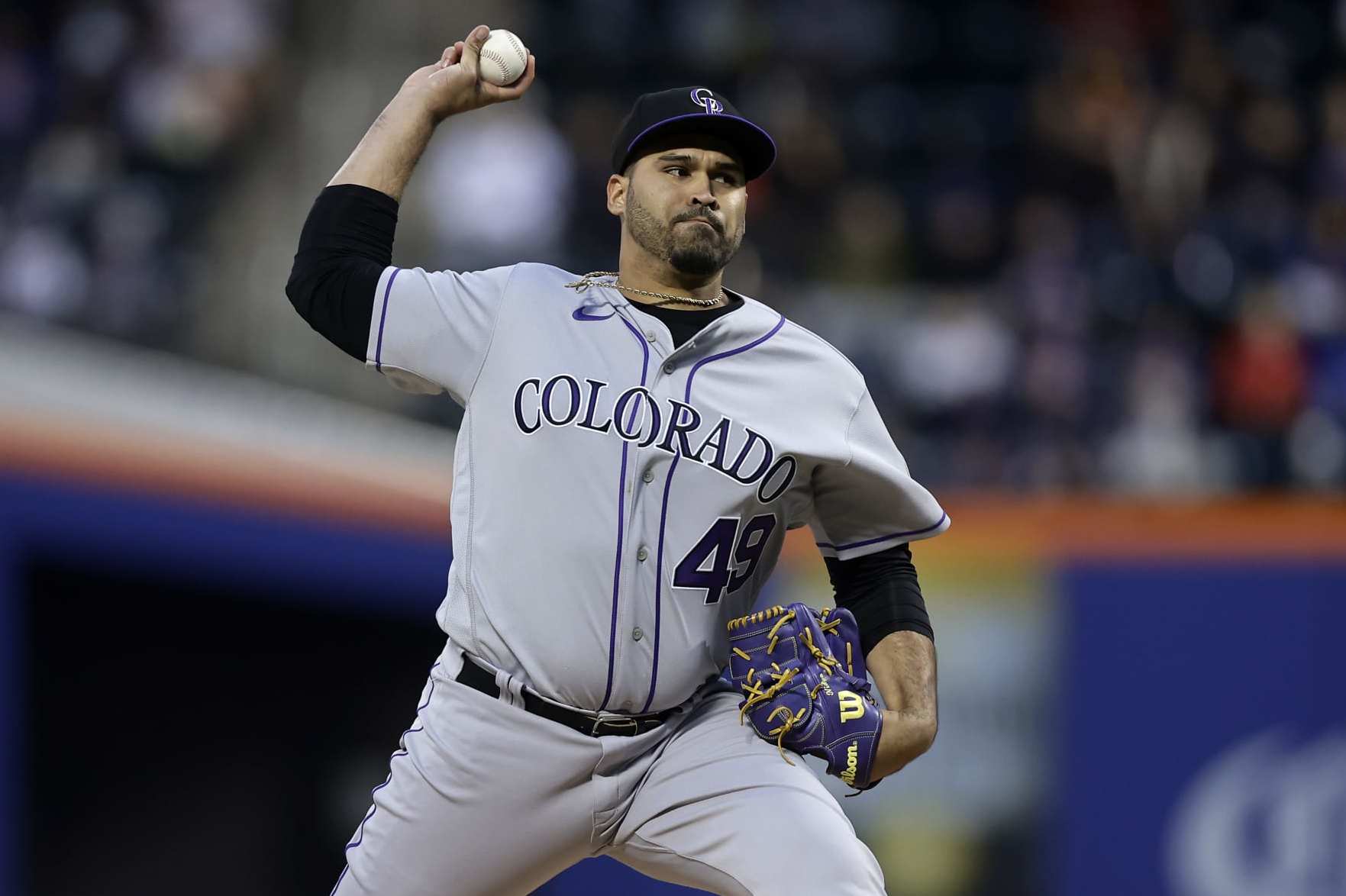NEW YORK, NEW YORK - MAY 05:  Antonio Senzatela #49 of the Colorado Rockies pitches during the second inning of the game against the New York Mets at Citi Field on May 05, 2023 in New York City. (Photo by Jim McIsaac/Getty Images)