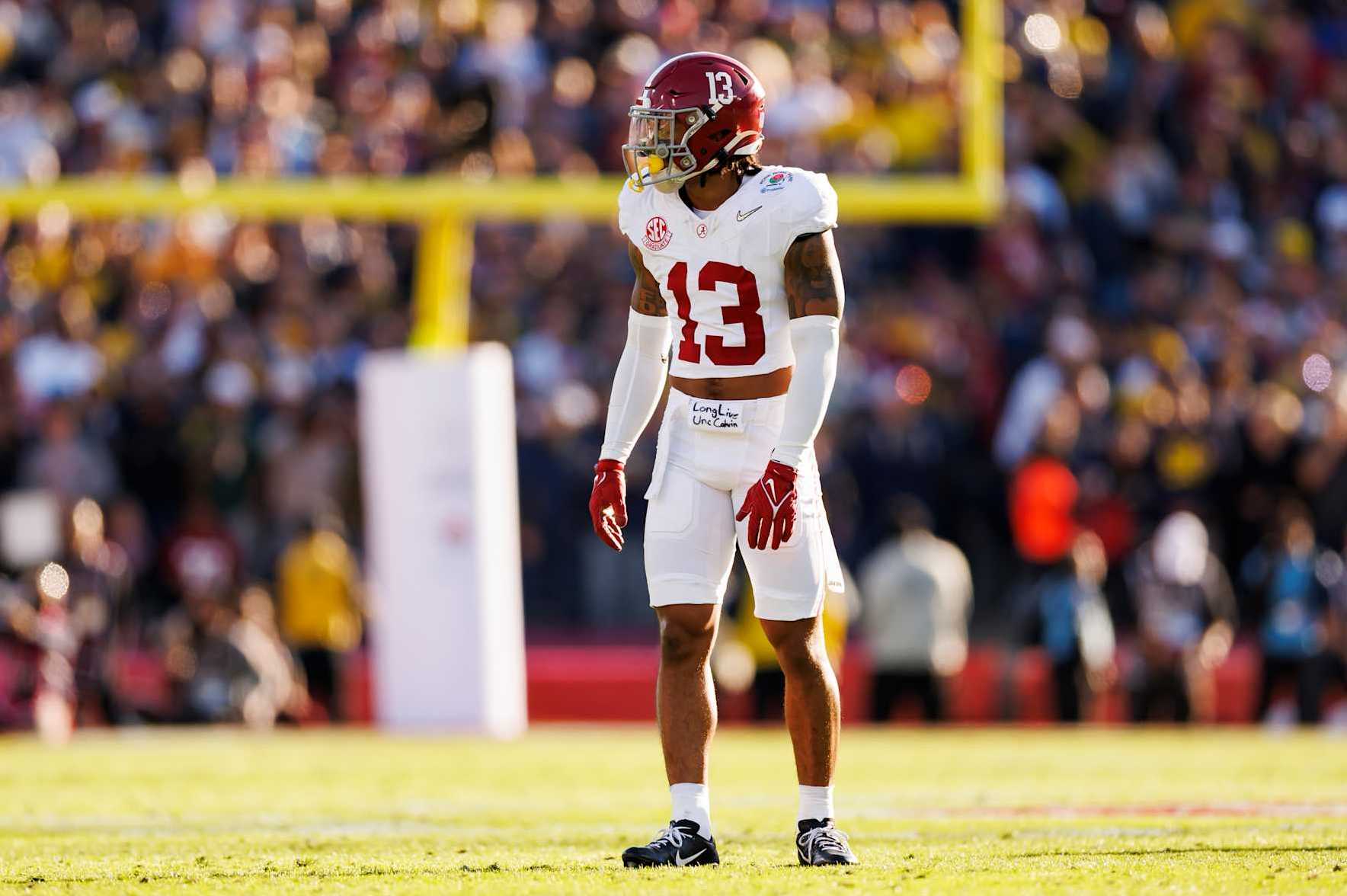 PASADENA, CALIFORNIA - JANUARY 01: Defensive back Malachi Moore #13 of the Alabama Crimson Tide defends in coverage during the CFP Semifinal Rose Bowl Game against the Michigan Wolverines at Rose Bowl Stadium on January 1, 2024 in Pasadena, California. (Photo by Ryan Kang/Getty Images)