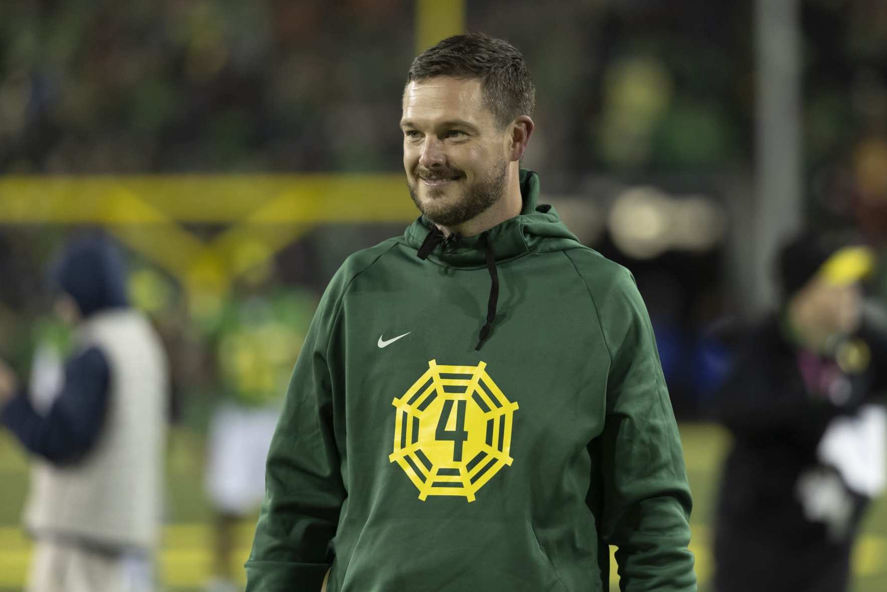 EUGENE, OREGON - NOVEMBER 24: Head coach Dan Lanning of the Oregon Ducks stands on the field before their game against the Oregon State Beavers at Autzen Stadium on November 24, 2023 in Eugene, Oregon. (Photo by Tom Hauck/Getty Images)