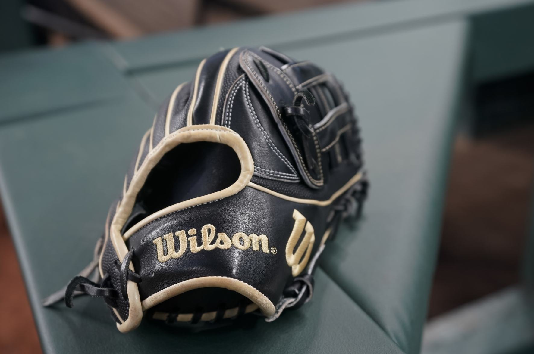 ARLINGTON, TEXAS - SEPTEMBER 22: A detail view of a Wilson baseball glove is shown before the game between the Texas Rangers and the Seattle Mariners at Globe Life Field on September 22, 2023 in Arlington, Texas. (Photo by Sam Hodde/Getty Images)