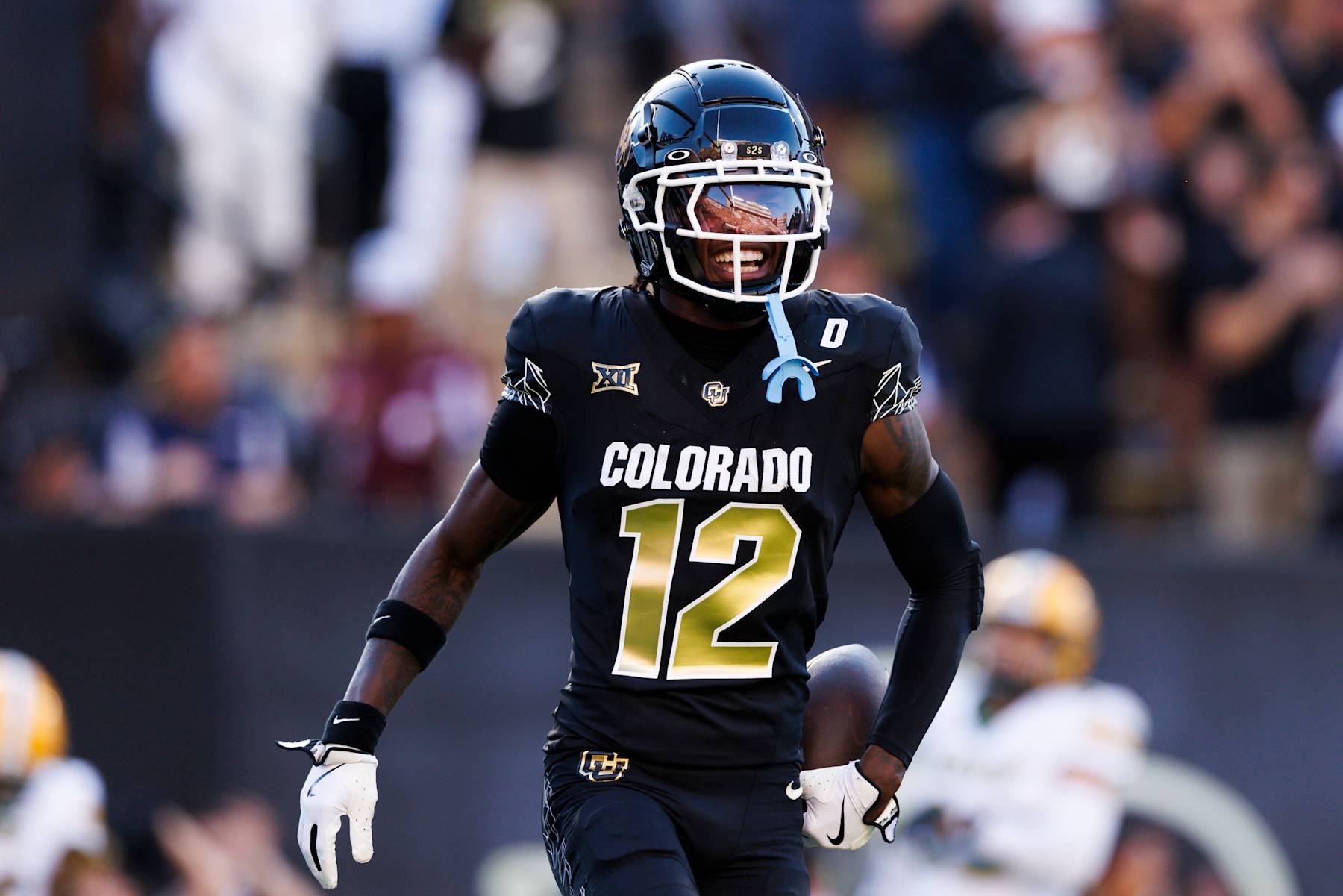 BOULDER, COLORADO - AUGUST 29: Travis Hunter #12 of the Colorado Buffaloes celebrates his touchdown during a game against North Dakota State Bison at Folsom Field on August 29, 2024 in Boulder, Colorado. (Photo by Ric Tapia/Getty Images)