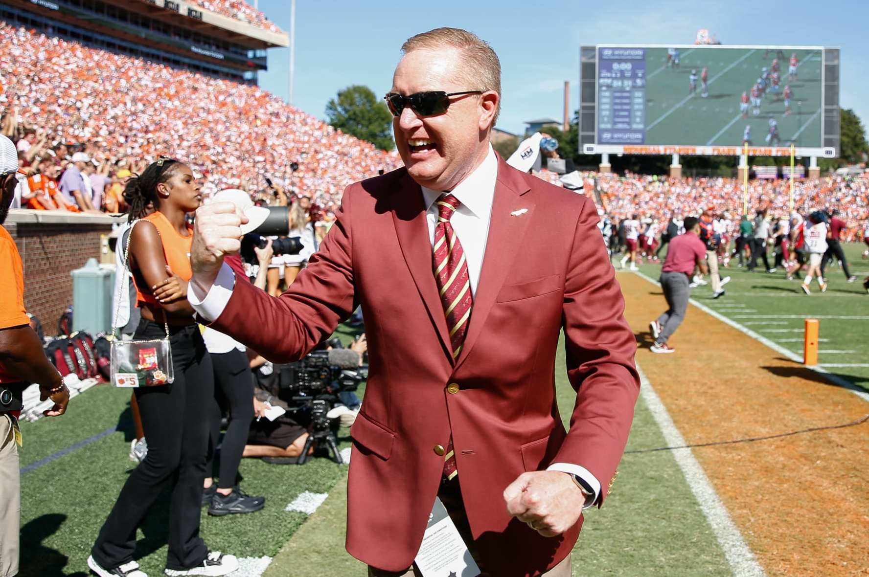 CLEMSON, SOUTH CAROLINA - SEPTEMBER 23: Michael Alford, Vice President and Director of Athletics at Florida State Seminoles, reacts after the overtime touchdown against the Clemson Tigers at Memorial Stadium on September 23, 2023 in Clemson, South Carolina. (Photo by Isaiah Vazquez/Getty Images)
