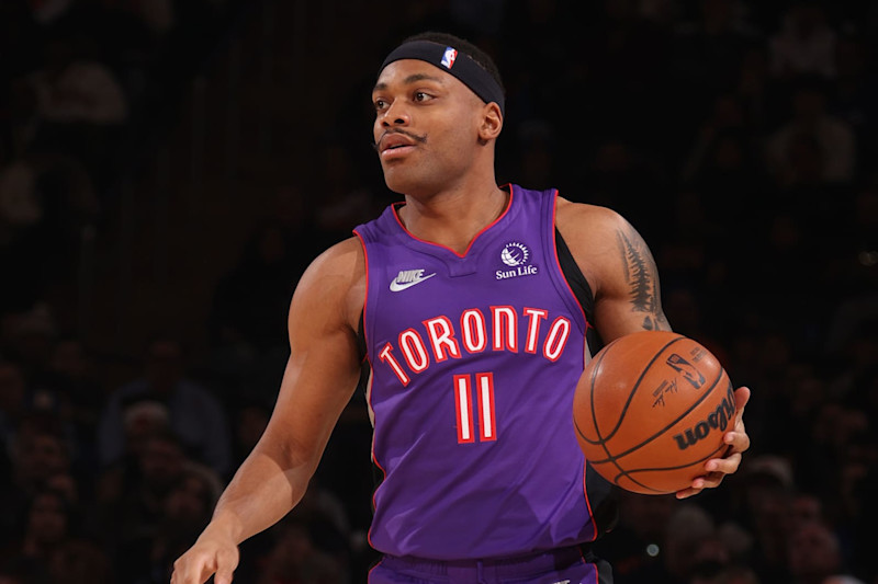 NEW YORK, NY - JANUARY 8:  Bruce Brown #11 of the Toronto Raptors dribbles the ball during the game against the New York Knicks  on January 8, 2025 at Madison Square Garden in New York City, New York.  NOTE TO USER: User expressly acknowledges and agrees that, by downloading and or using this photograph, User is consenting to the terms and conditions of the Getty Images License Agreement. Mandatory Copyright Notice: Copyright 2024 NBAE  (Photo by Nathaniel S. Butler/NBAE via Getty Images)