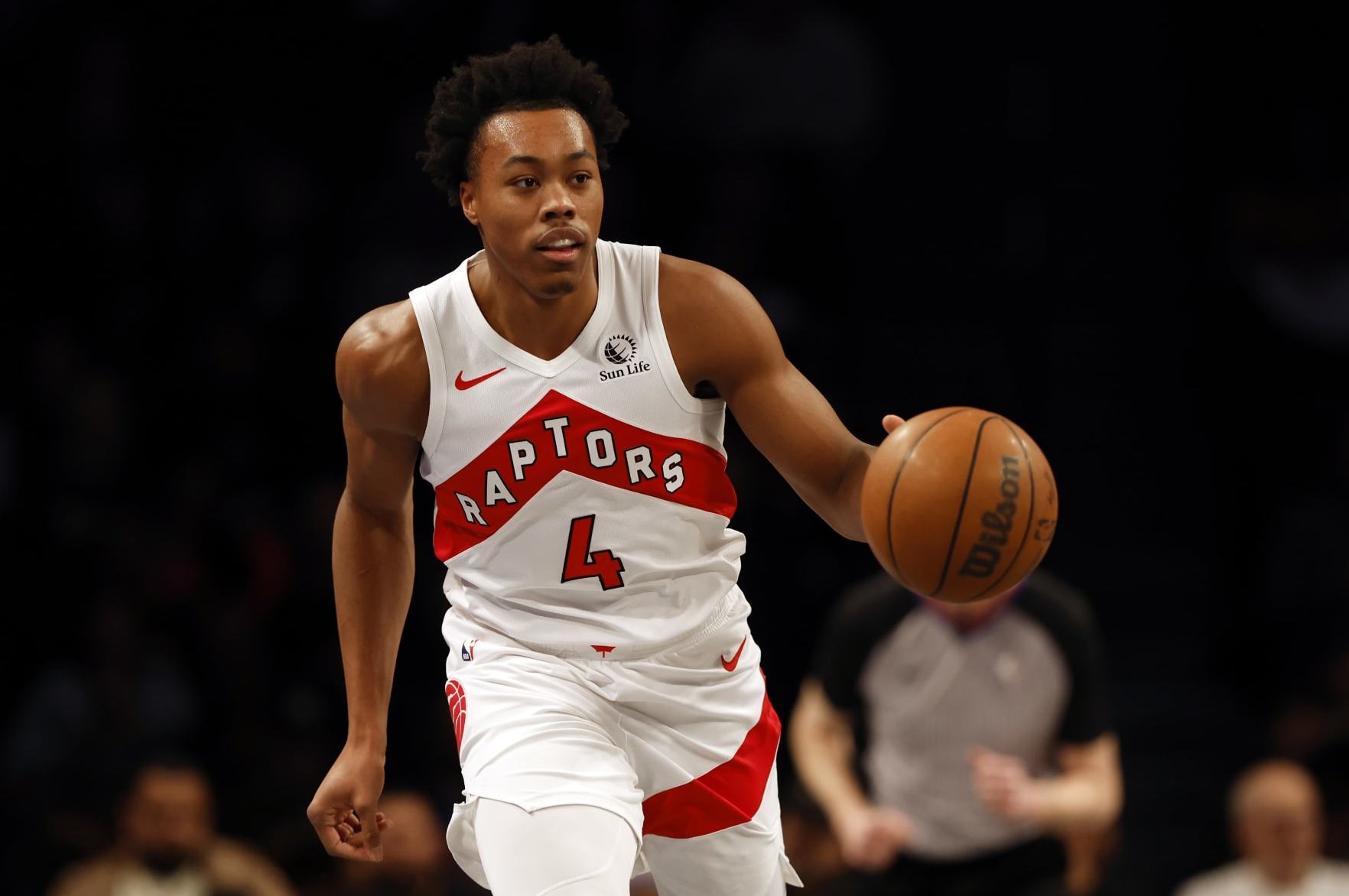 NEW YORK, NEW YORK - NOVEMBER 28: Scottie Barnes #4 of the Toronto Raptors dribbles during the first half of an NBA In-Season Tournament game against the Brooklyn Nets at Barclays Center on November 28, 2023 in the Brooklyn borough of New York City. NOTE TO USER: User expressly acknowledges and agrees that, by downloading and/or using this photograph, User is consenting to the terms and conditions of the Getty Images License Agreement. (Photo by Sarah Stier/Getty Images)