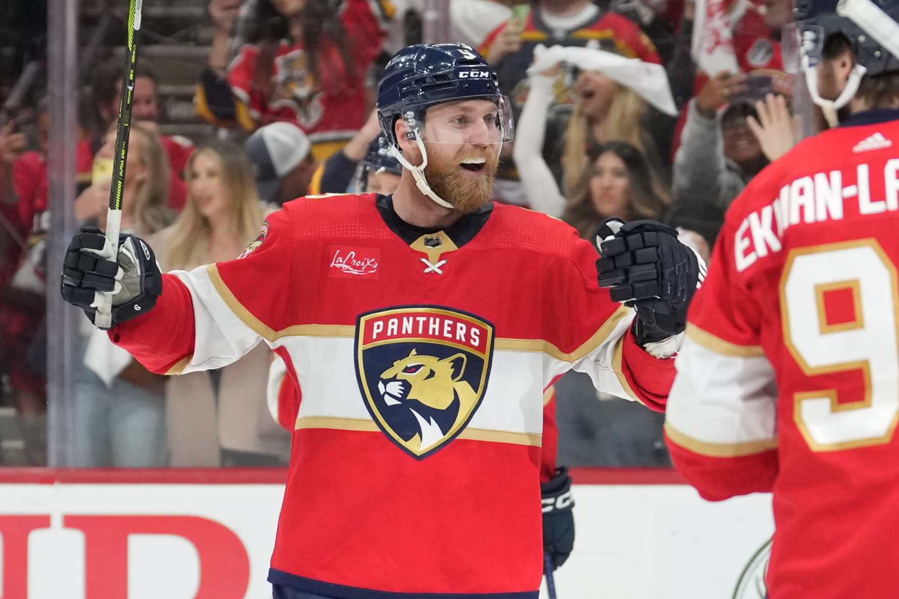SUNRISE, FL - JUNE 01: Florida Panthers center Sam Bennett (9) celebrates after game six of the Eastern Conference Finals between the New York Ranges and the Florida Panthers on Saturday, June 1, 2024 at Amerant Bank Arena in Sunrise, Fla. (Photo by Peter Joneleit/Icon Sportswire via Getty Images)