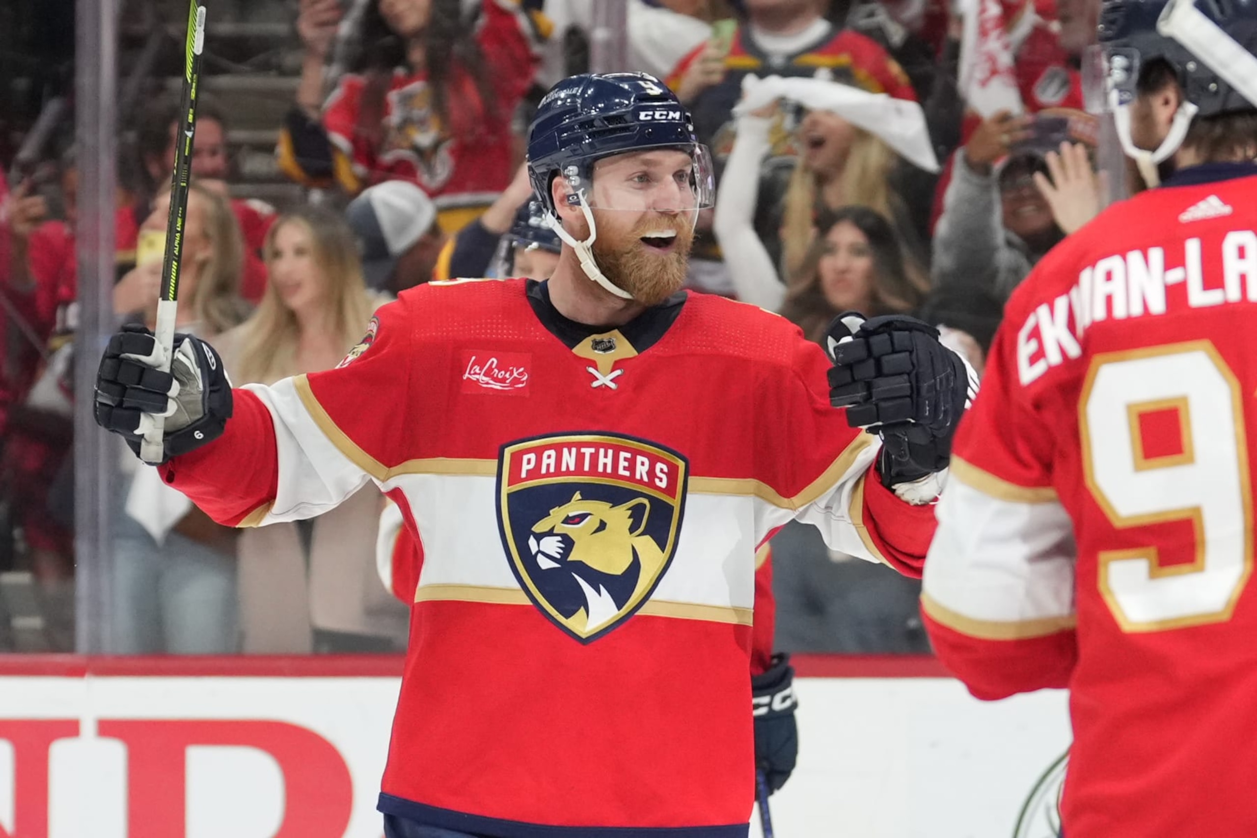 SUNRISE, FL - JUNE 01: Florida Panthers center Sam Bennett (9) celebrates after game six of the Eastern Conference Finals between the New York Ranges and the Florida Panthers on Saturday, June 1, 2024 at Amerant Bank Arena in Sunrise, Fla. (Photo by Peter Joneleit/Icon Sportswire via Getty Images)