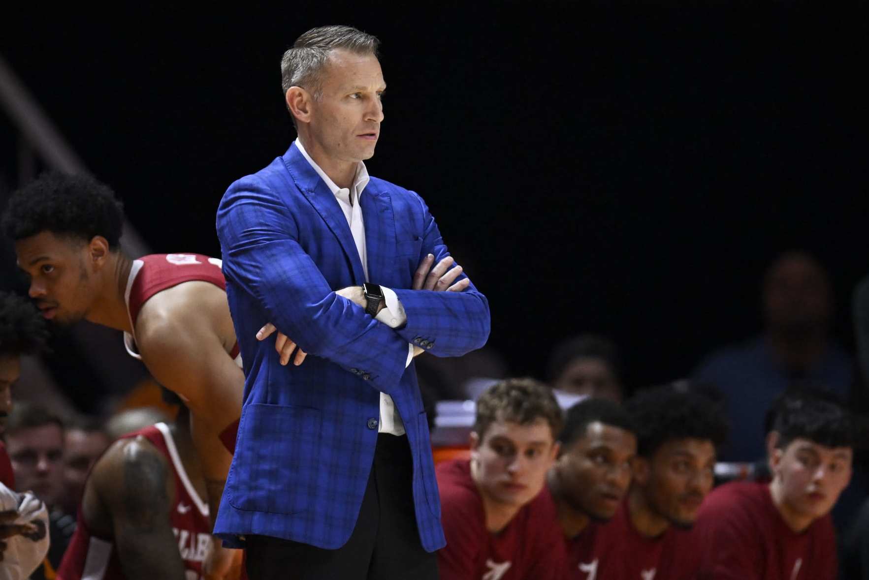 KNOXVILLE, TENNESSEE - FEBRUARY 15: Head coach Nate Oats of the Alabama Crimson Tide stands on the sidelines against the Tennessee Volunteers in the first half at Thompson-Boling Arena on February 15, 2023 in Knoxville, Tennessee. (Photo by Eakin Howard/Getty Images)