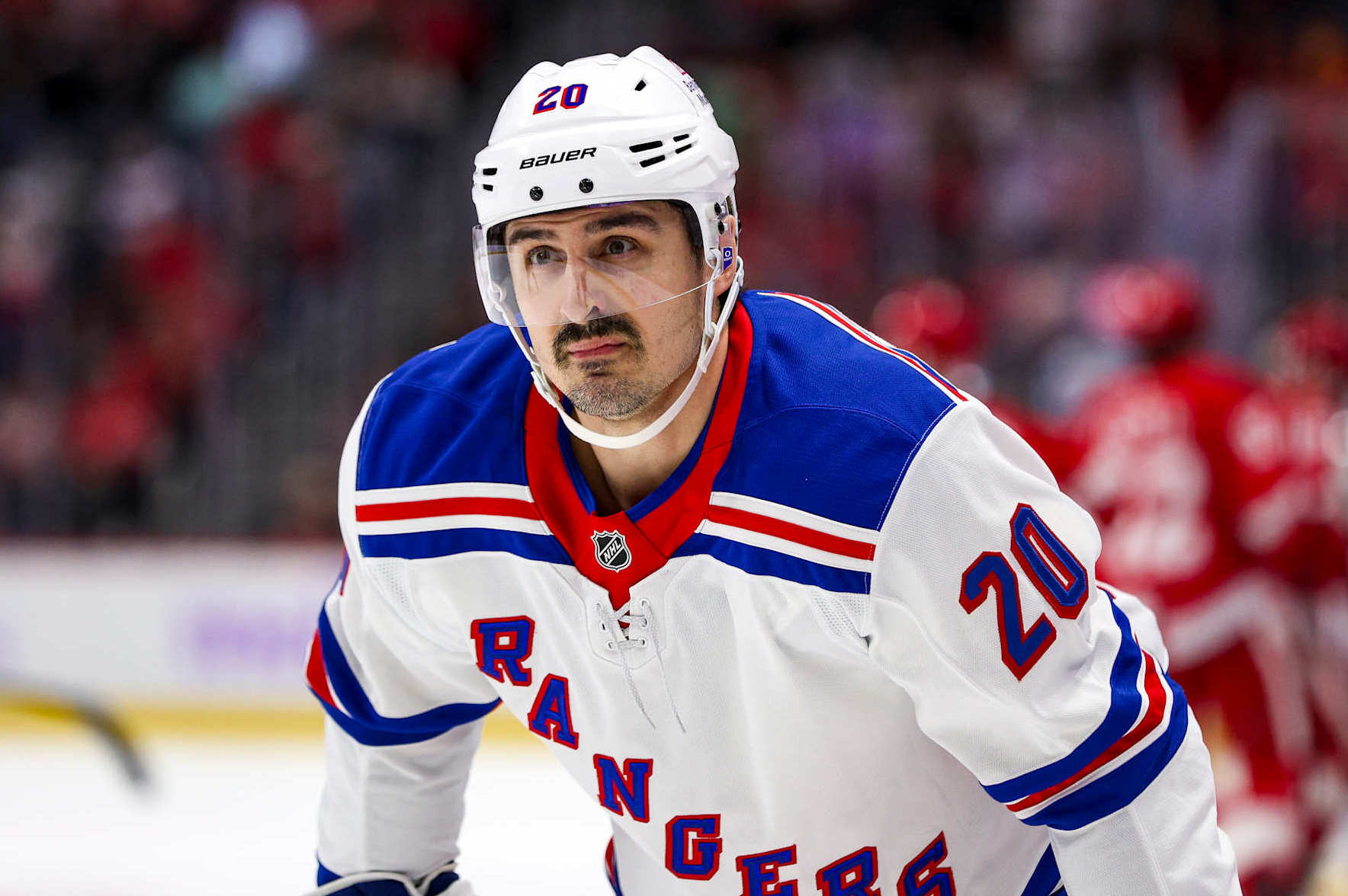 DETROIT, MICHIGAN - NOVEMBER 09: Chris Kreider #20 of the New York Rangers looks on during a timeout in the third period of a game against the Detroit Red Wings at Little Caesars Arena on November 09, 2024 in Detroit, Michigan. (Photo by Mike Mulholland/Getty Images)