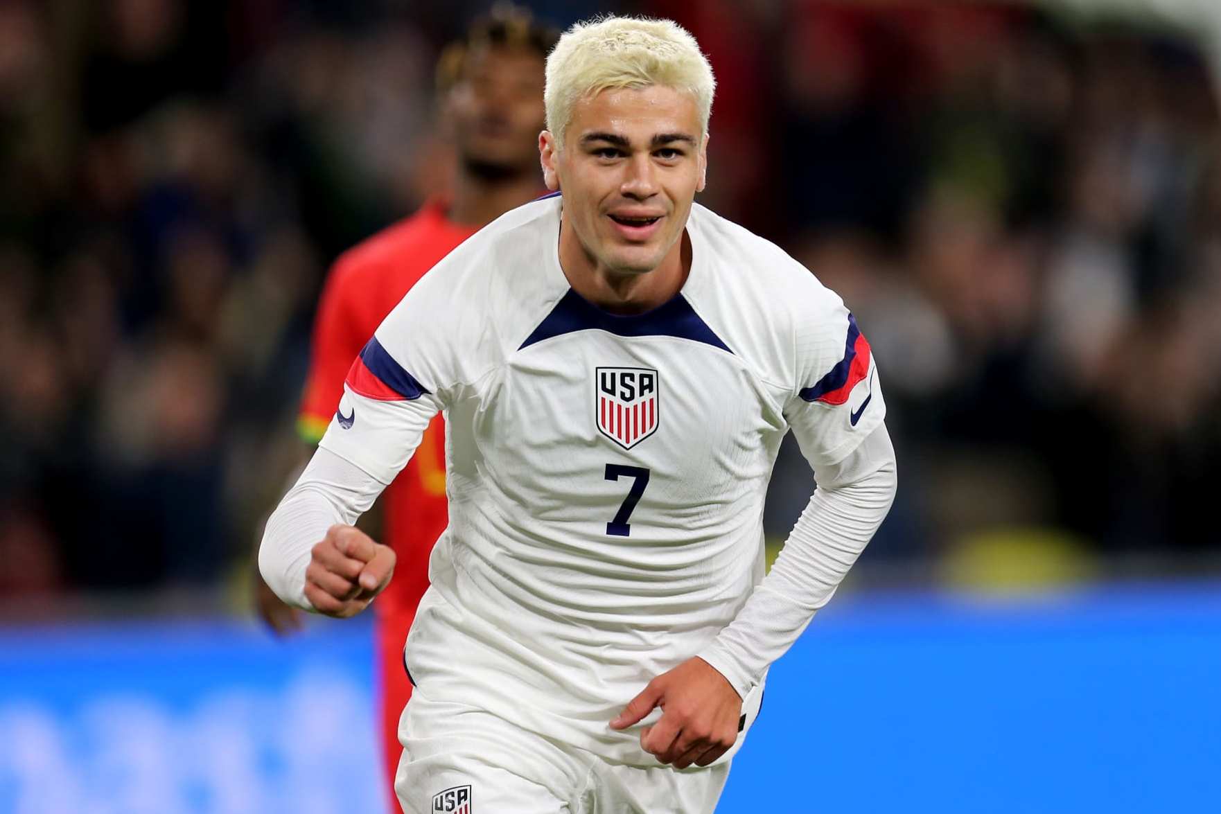 NASHVILLE, TENNESSEE - OCTOBER 17: Gio Reyna #7 of the United States celebrates scoring during the first half against Ghana during an international friendly at GEODIS Park on October 17, 2023 in Nashville, Tennessee. (Photo by Erin Chang/ISI Photos/USSF/Getty Images for USSF)