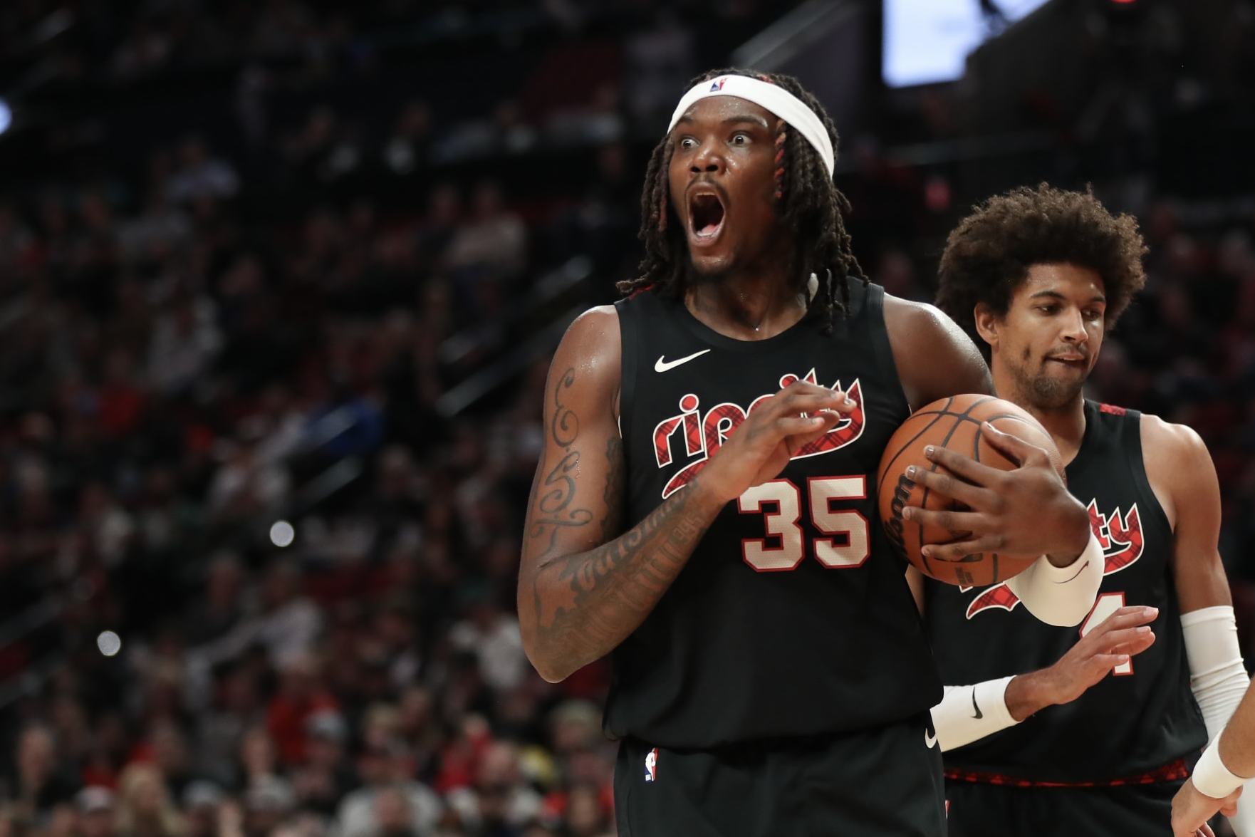 PORTLAND, OREGON - NOVEMBER 03: Robert Williams III #35 of the Portland Trail Blazers reacts to a call during the fourth quarter against the Memphis Grizzlies during the NBA In-Season Tournament at Moda Center on November 03, 2023 in Portland, Oregon. NOTE TO USER: User expressly acknowledges and agrees that, by downloading and or using this photograph, User is consenting to the terms and conditions of the Getty Images License Agreement. 
 (Photo by Amanda Loman/Getty Images)