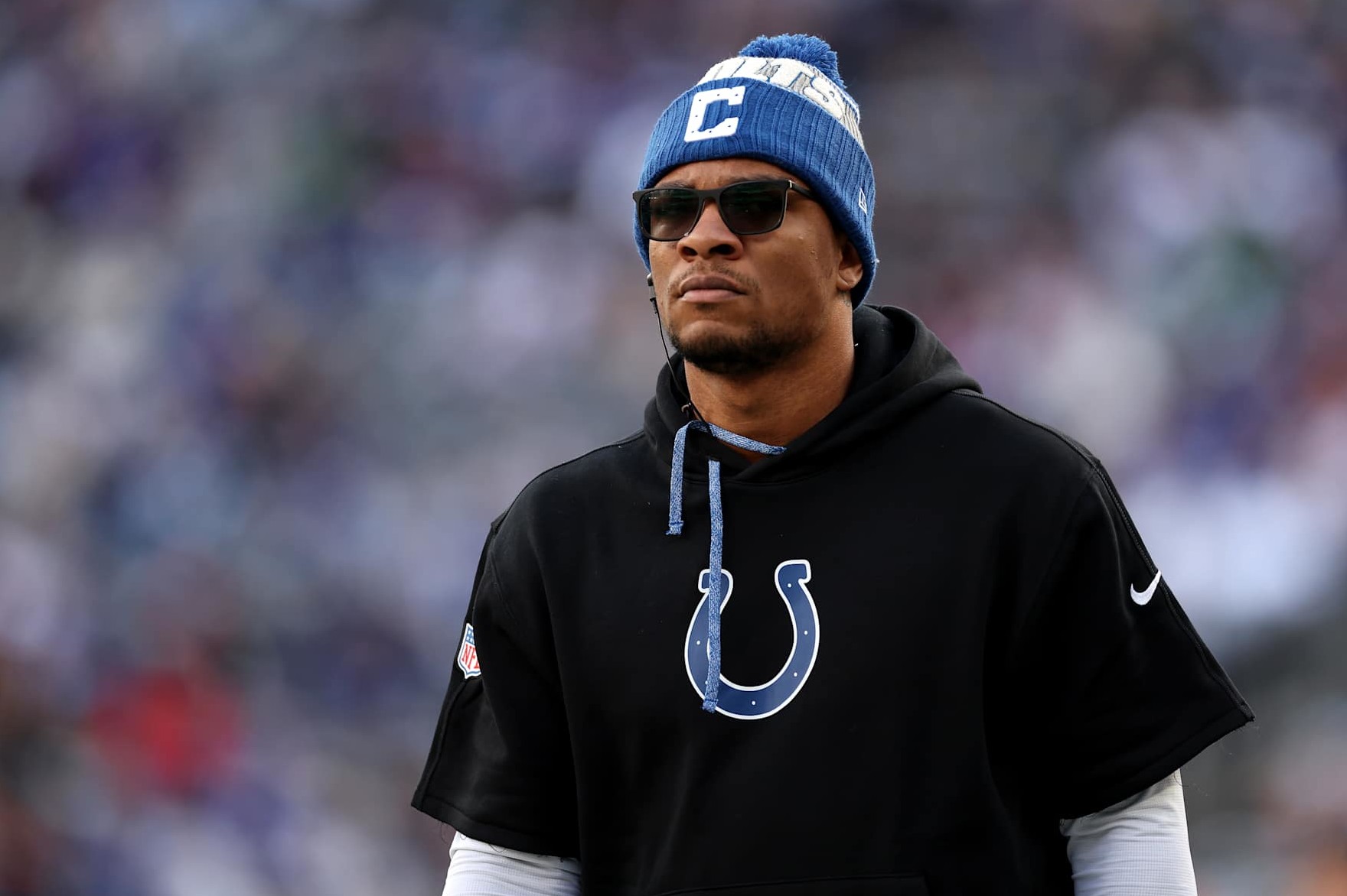 EAST RUTHERFORD, NEW JERSEY - DECEMBER 29: Anthony Richardson #5 of the Indianapolis Colts looks on against the New York Giants at MetLife Stadium on December 29, 2024 in East Rutherford, New Jersey. (Photo by Luke Hales/Getty Images)