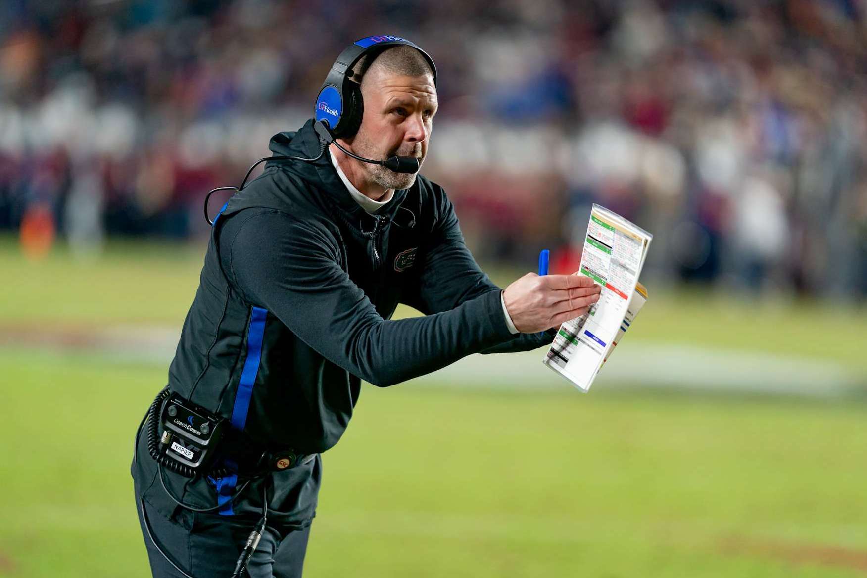 TALLAHASSEE, FL - NOVEMBER 30:Florida Gators head coach Billy Napier calls a timeout during a college football game between the Florida Gators and the Florida State Seminoles  on November 30th, 2024 at Doak Campbell Stadium in Tallahassee, FL. (Photo by Chris Leduc/Icon Sportswire via Getty Images)
