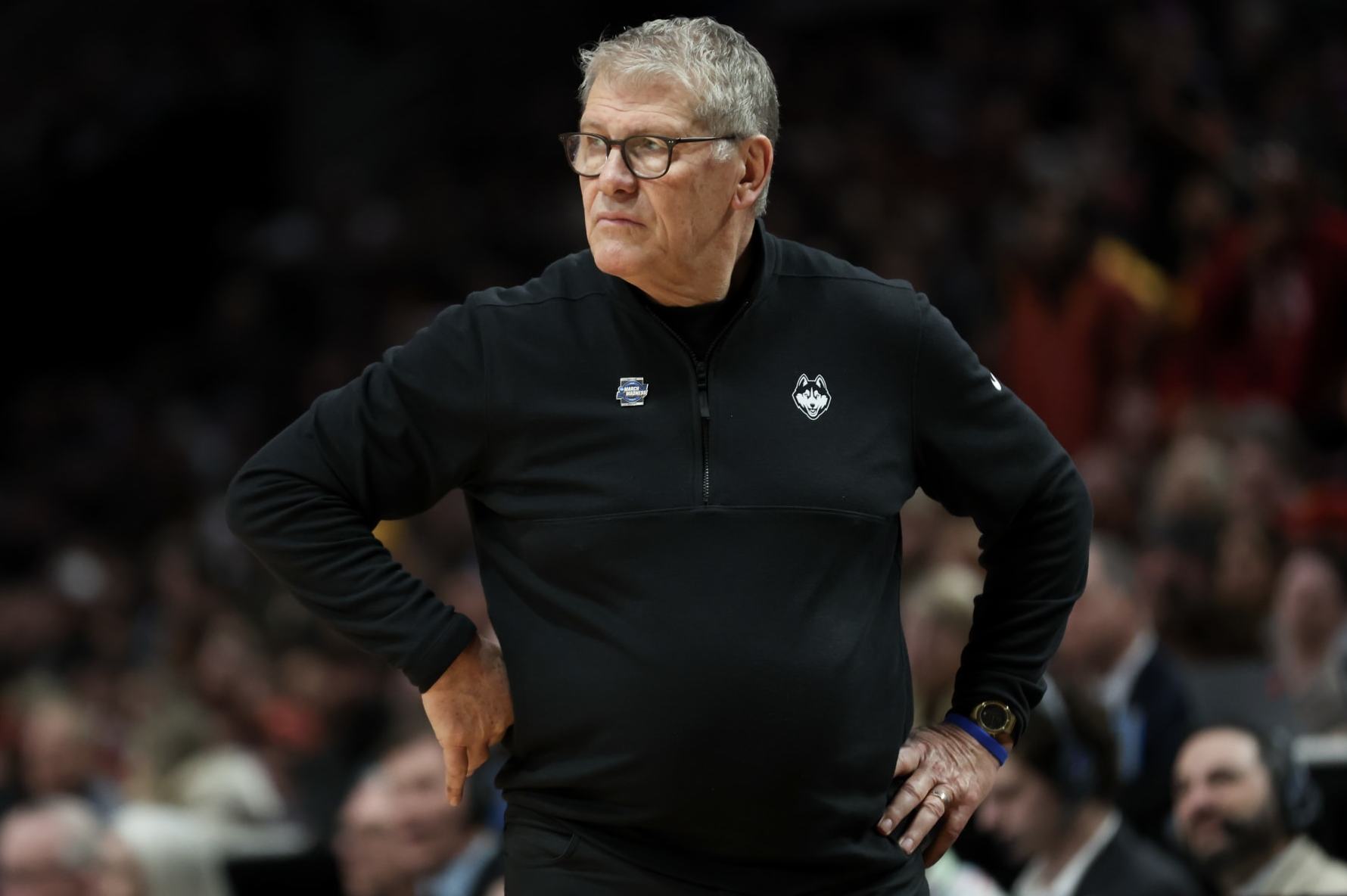PORTLAND, OREGON - APRIL 01: Head coach Geno Auriemma of the Connecticut Huskies looks on during the first half against the USC Trojans in the Elite 8 round of the NCAA Women's Basketball Tournament at Moda Center on April 01, 2024 in Portland, Oregon. (Photo by Steph Chambers/Getty Images)