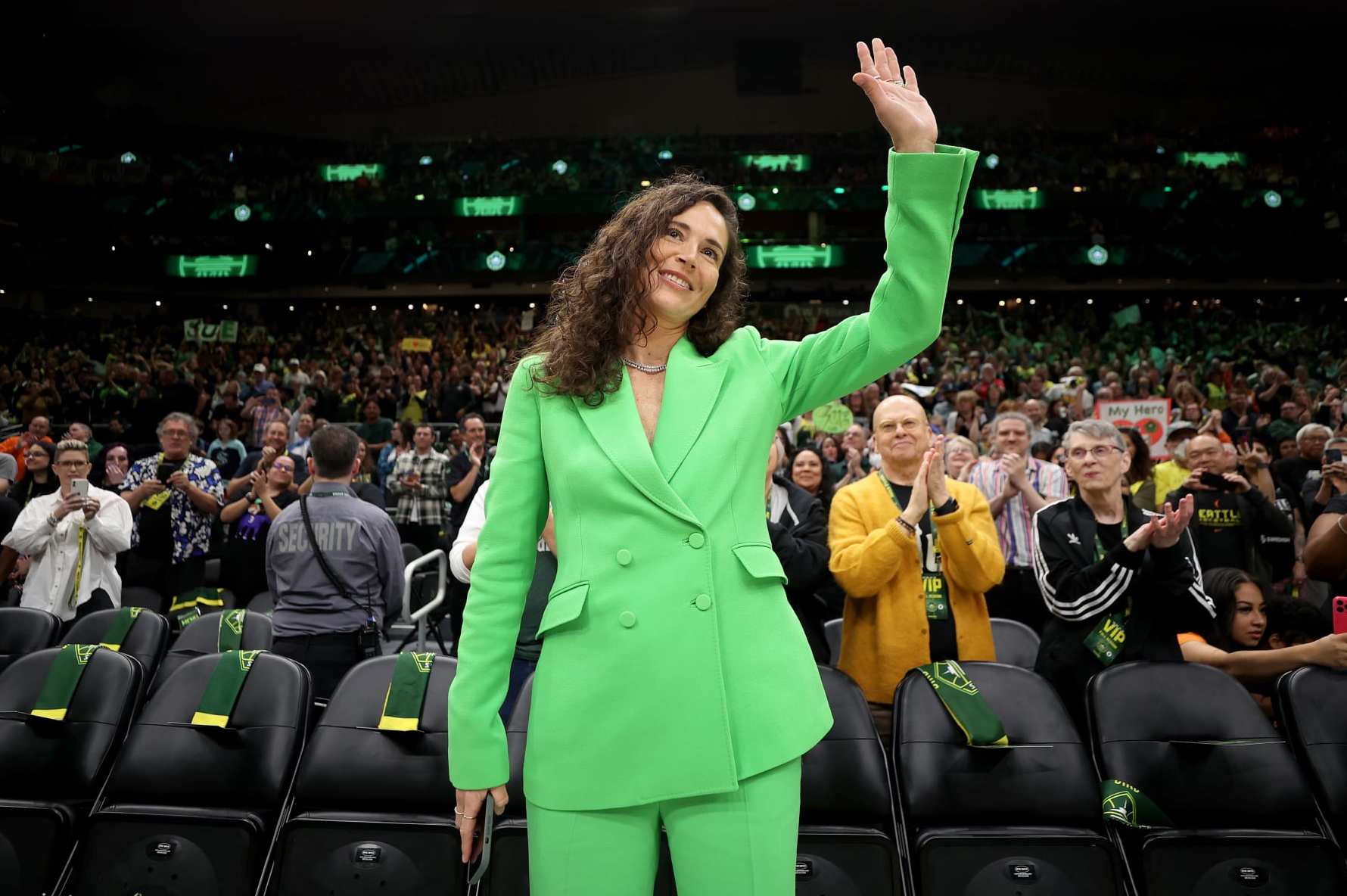 SEATTLE, WASHINGTON - JUNE 11: Sue Bird acknowledges the crowd before the game between the Seattle Storm and the Washington Mystics at Climate Pledge Arena on June 11, 2023 in Seattle, Washington. (Photo by Steph Chambers/Getty Images)