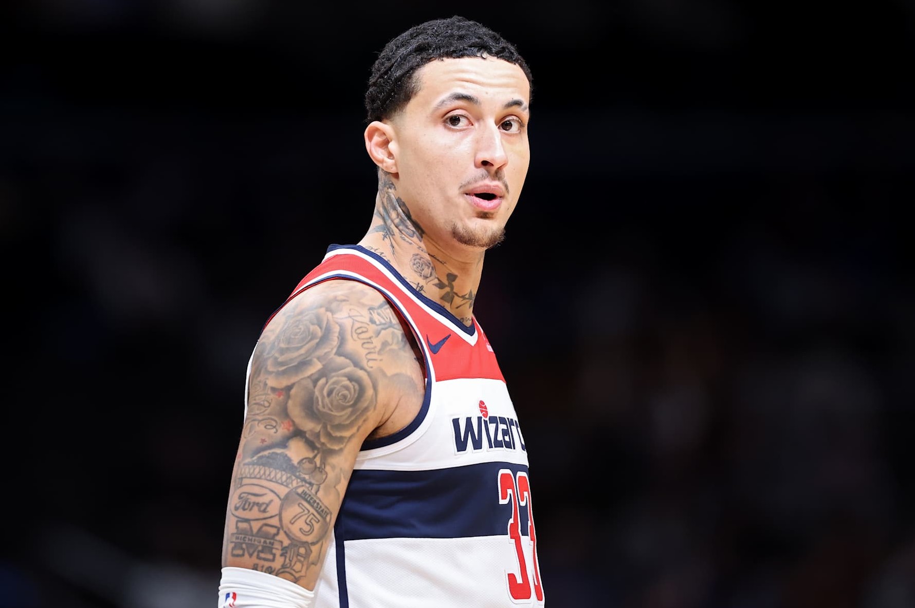 WASHINGTON, DC - JANUARY 12: Kyle Kuzma #33 of the Washington Wizards looks on against the Oklahoma City Thunder during the first half at Capital One Arena on January 12, 2025 in Washington, DC. NOTE TO USER: User expressly acknowledges and agrees that, by downloading and or using this photograph, User is consenting to the terms and conditions of the Getty Images License Agreement. (Photo by Patrick Smith/Getty Images)