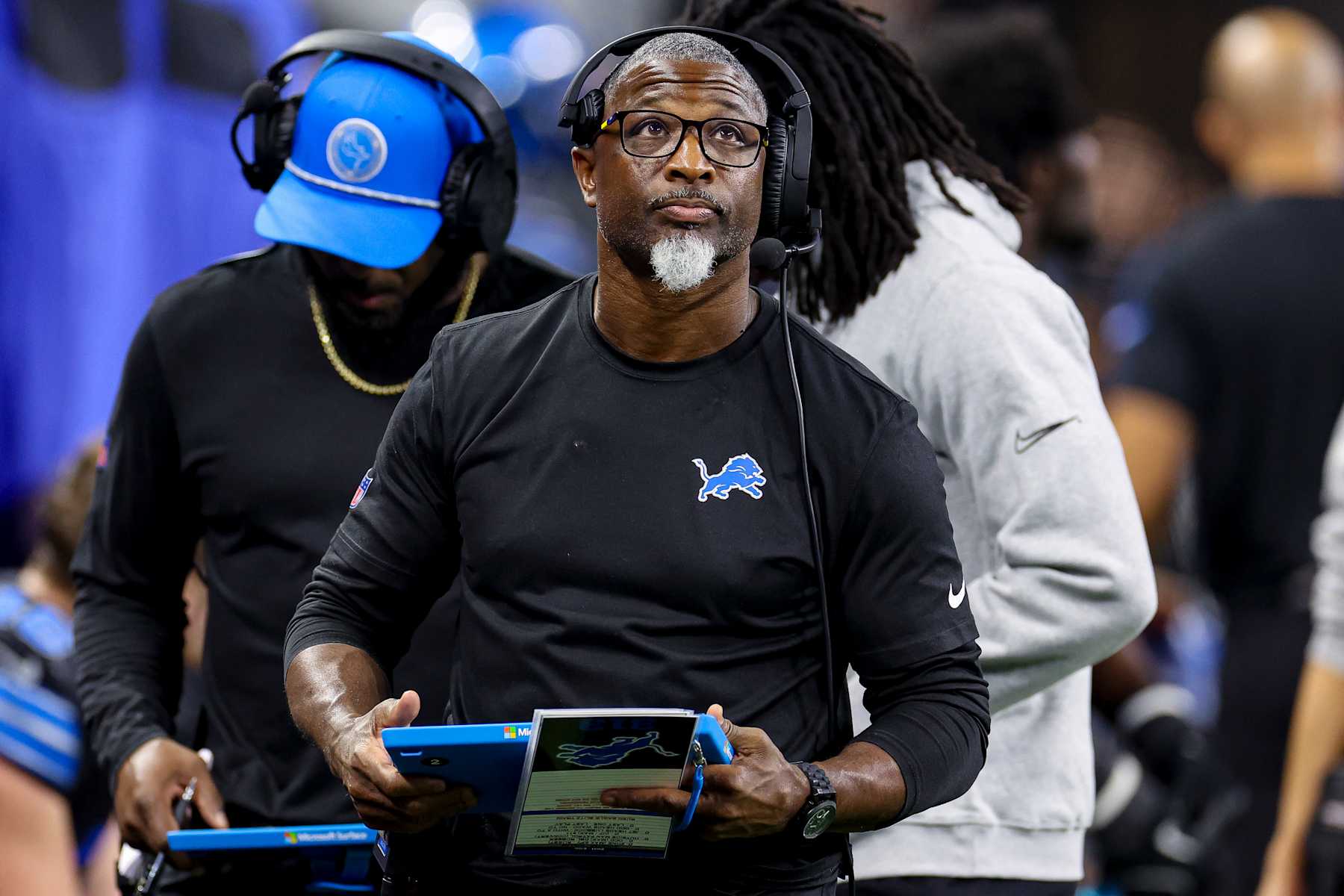 DETROIT, MICHIGAN - DECEMBER 15: Defensive coordinator Aaron Glenn of the Detroit Lions looks on during the second half of a game against the Buffalo Bills at Ford Field on December 15, 2024 in Detroit, Michigan. (Photo by Mike Mulholland/Getty Images)