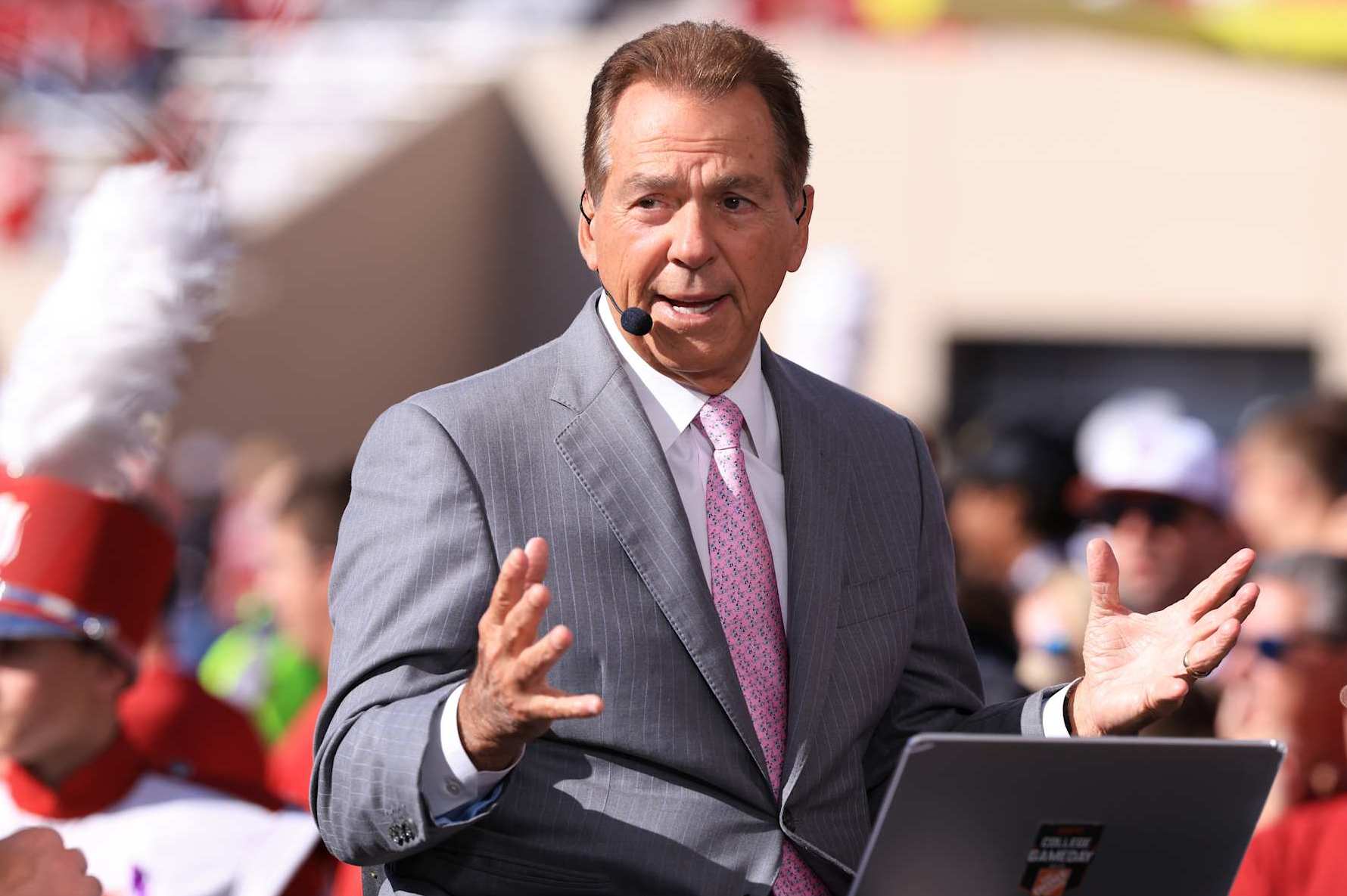 BLOOMINGTON, INDIANA - OCTOBER 26: Nick Saban, ESPN GameDay commentator, speaks prior to the game between the Indiana Hoosiers and the Washington Huskies at Memorial Stadium on October 26, 2024 in Bloomington, Indiana. (Photo by Justin Casterline/Getty Images)