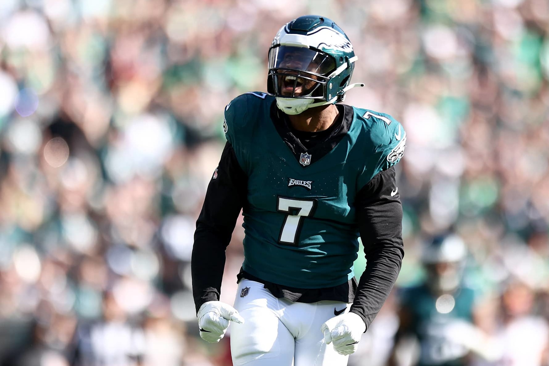 PHILADELPHIA, PENNSYLVANIA - OCTOBER 01: Haason Reddick #7 of the Philadelphia Eagles reacts during the fourth quarter against the Washington Commanders at Lincoln Financial Field on October 01, 2023 in Philadelphia, Pennsylvania. (Photo by Tim Nwachukwu/Getty Images)