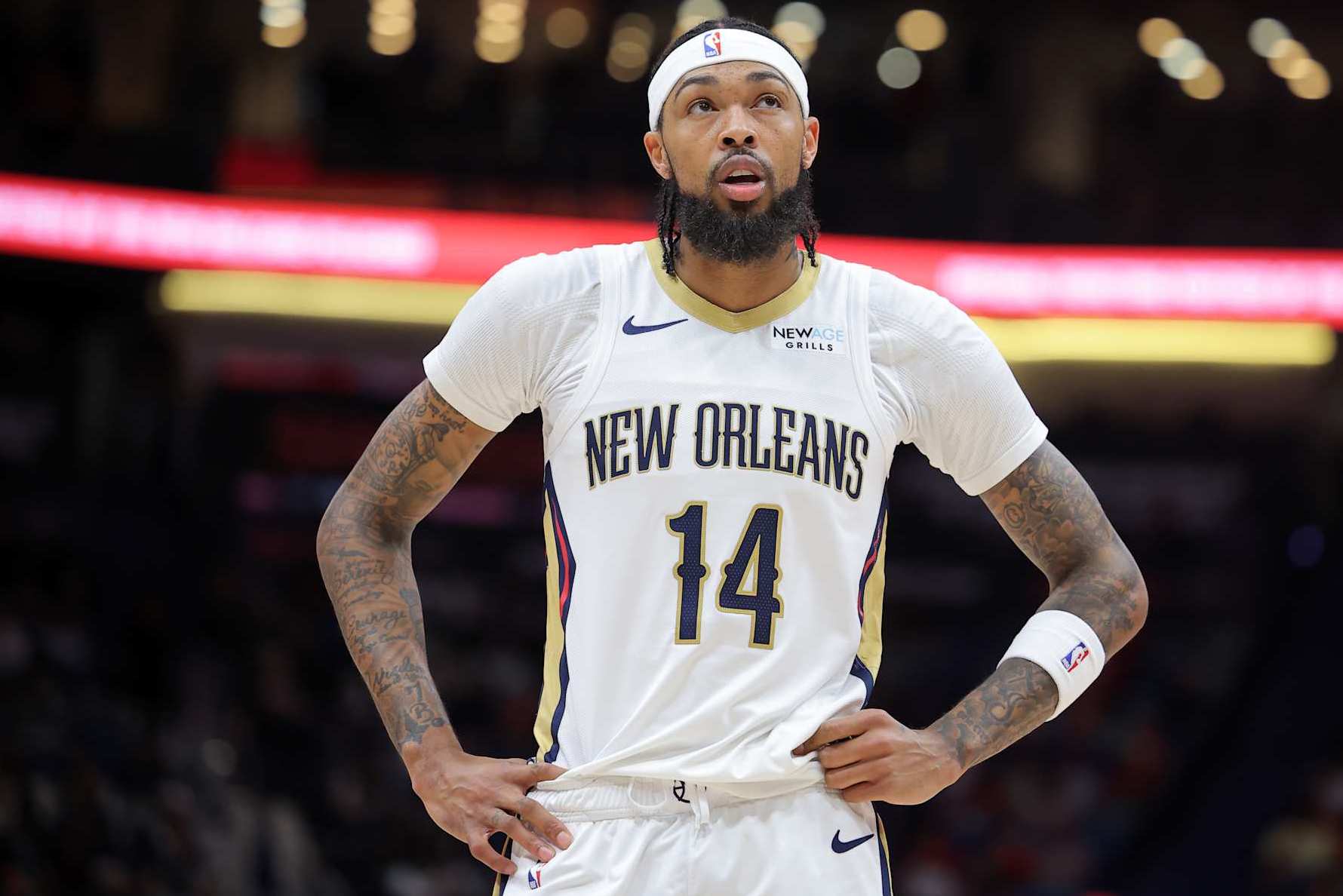NEW ORLEANS, LOUISIANA - NOVEMBER 11: Brandon Ingram #14 of the New Orleans Pelicans reacts against the Brooklyn Nets during a game at the Smoothie King Center on November 11, 2024 in New Orleans, Louisiana. NOTE TO USER: User expressly acknowledges and agrees that, by downloading and or using this Photograph, user is consenting to the terms and conditions of the Getty Images License Agreement. (Photo by Jonathan Bachman/Getty Images)