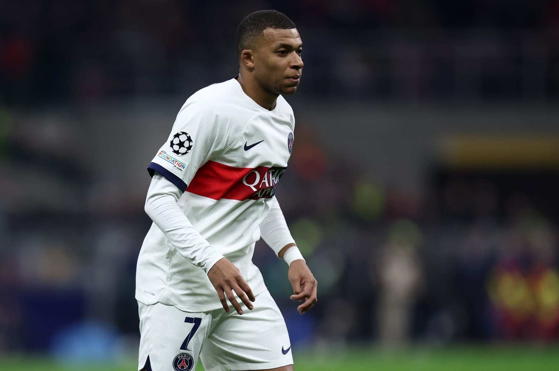MILAN, ITALY - NOVEMBER 7: Kylian Mbappe of Paris Saint-Germain looks on during the UEFA Champions League match between AC Milan and Paris Saint-Germain at Stadio Giuseppe Meazza on November 7, 2023 in Milan, Italy. (Photo by sportinfoto/DeFodi Images via Getty Images)