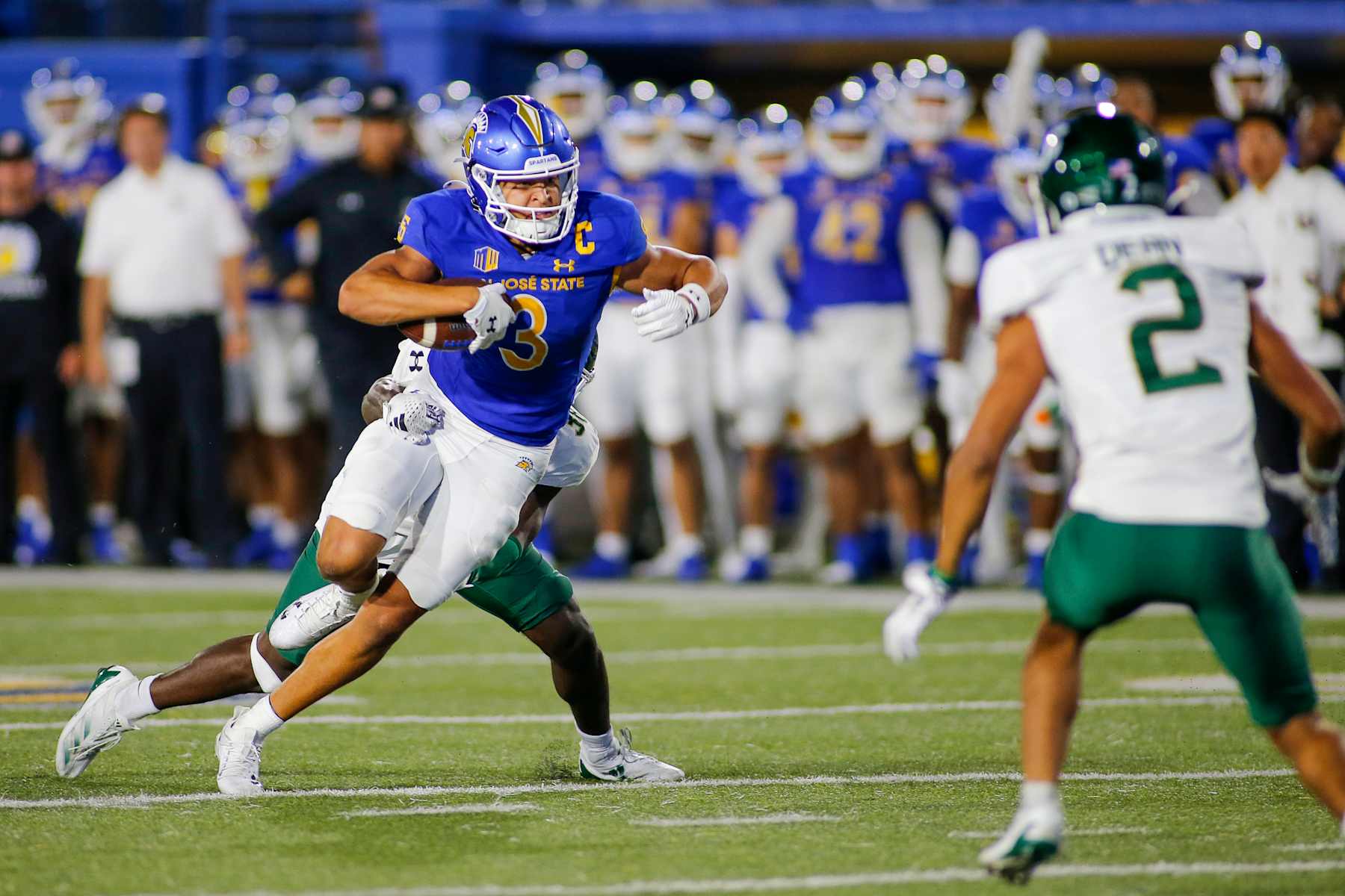 SAN JOSE, CA - AUGUST 29: San Jose State Spartans WR Nick Nash (3) tries to get some extra yardage in the game between the Sacramento State Hornets and the San Jose State Spartans on August 29, 2024 at CEFCU Stadium in San Jose, CA. (Photo by Larry Placido/Icon Sportswire via Getty Images)