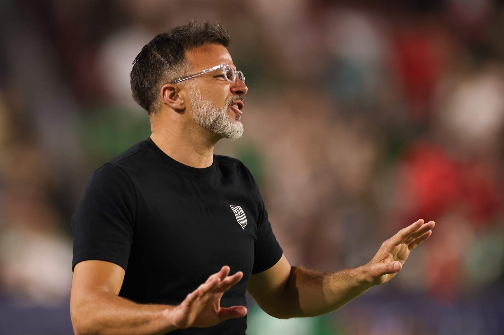 GLENDALE, AZ - APRIL 19: United States head coach Anthony Hudson during the Allstate Continental Clasico against Mexico at State Farm Stadium on April 19, 2023 in Glendale, Arizona. (Photo by John Dorton/USSF/Getty Images)
