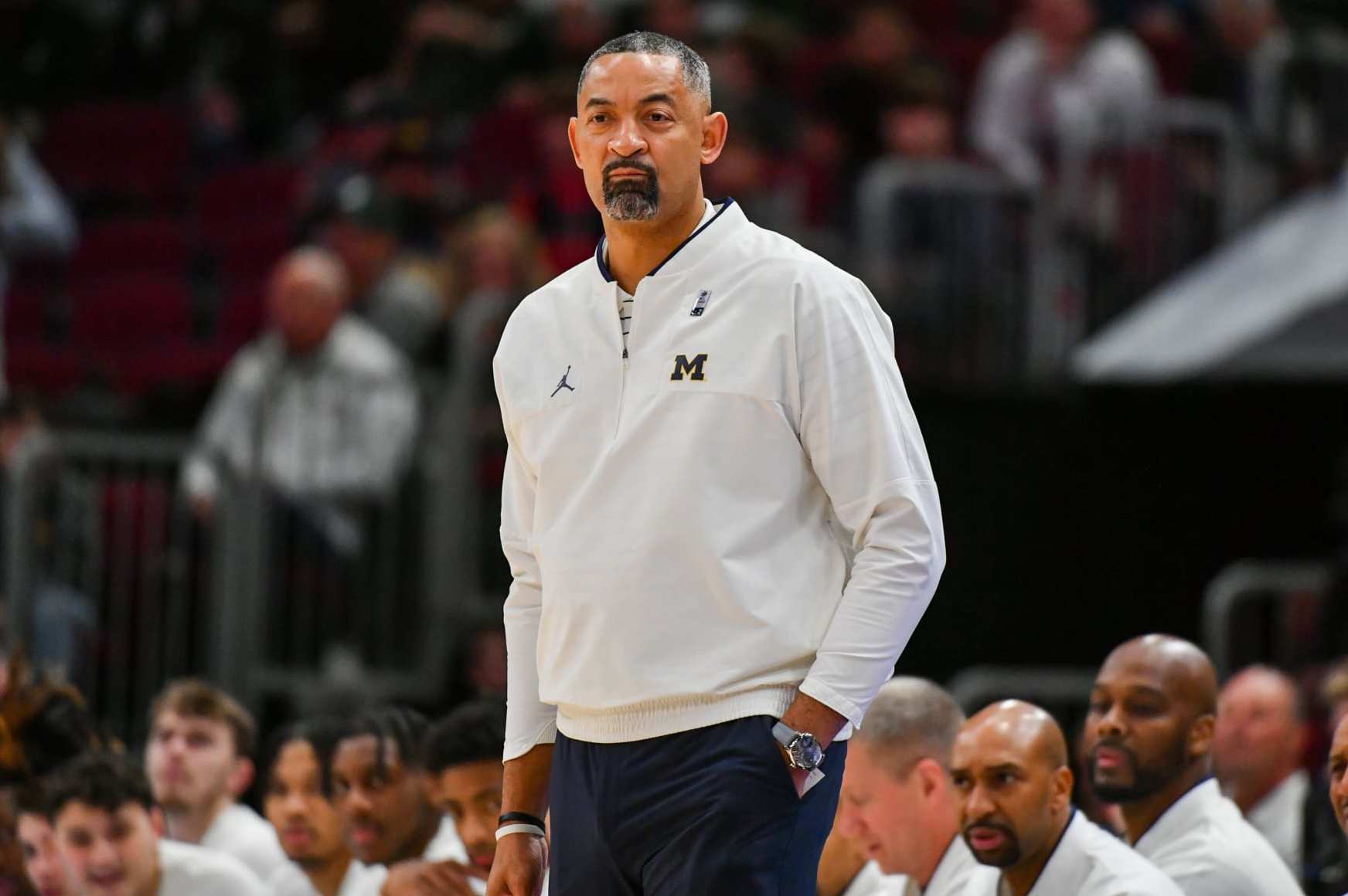 CHICAGO, ILLINOIS - MARCH 09: Head Basketball Coach Juwan Howard watches a play during the first half of a Big Ten Men's Basketball Tournament Second Round game against the Rutgers Scarlet Knights at United Center on March 09, 2023 in Chicago, Illinois. (Photo by Aaron J. Thornton/Getty Images)