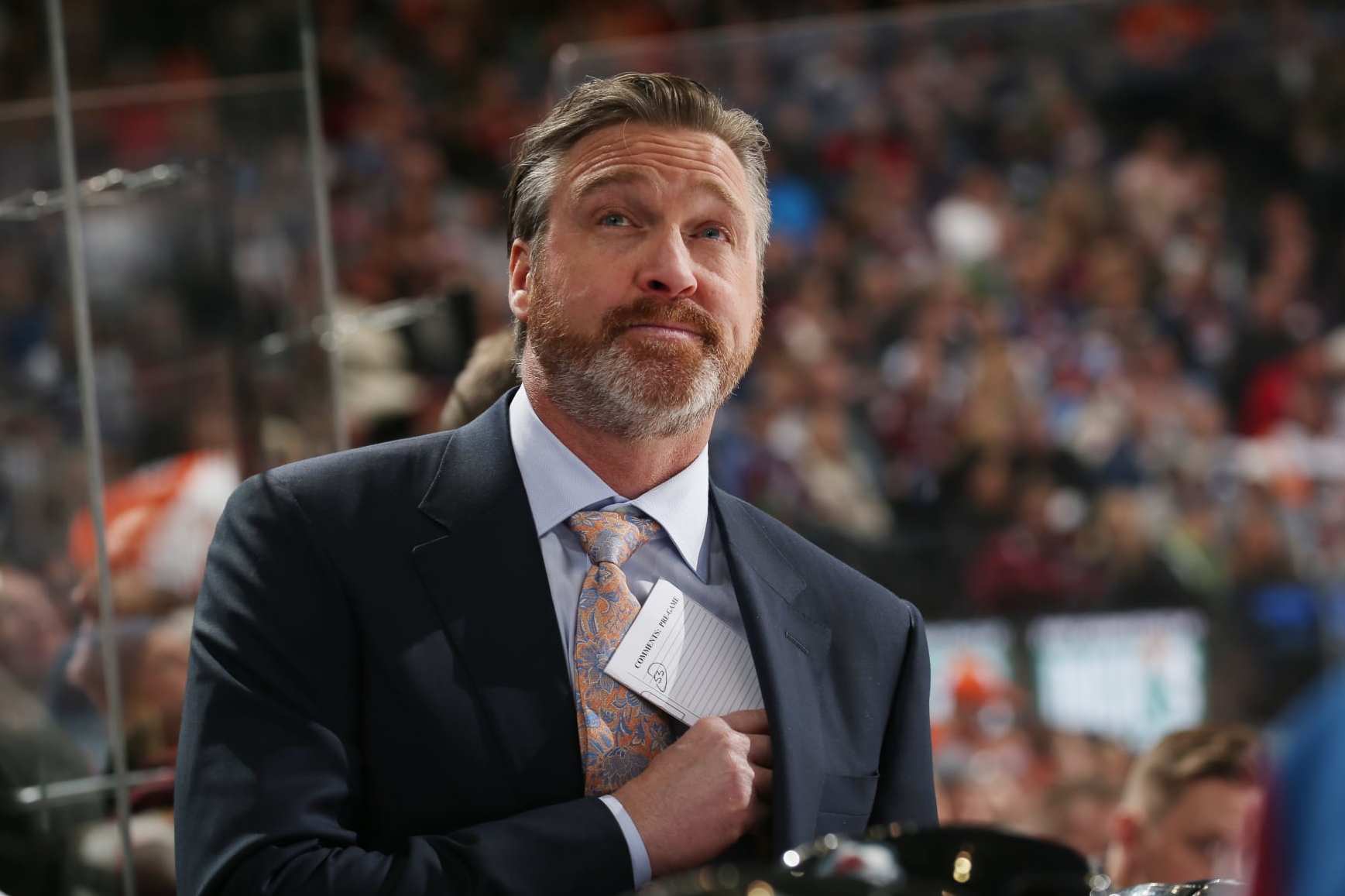 DENVER, CO - MARCH 24: Head coach Patrick Roy of the Colorado Avalanche looks up at the scoreboard during the game against the Philadelphia Flyers at the Pepsi Center on March 24, 2016 in Denver, Colorado. (Photo by Michael Martin/NHLI via Getty Images)