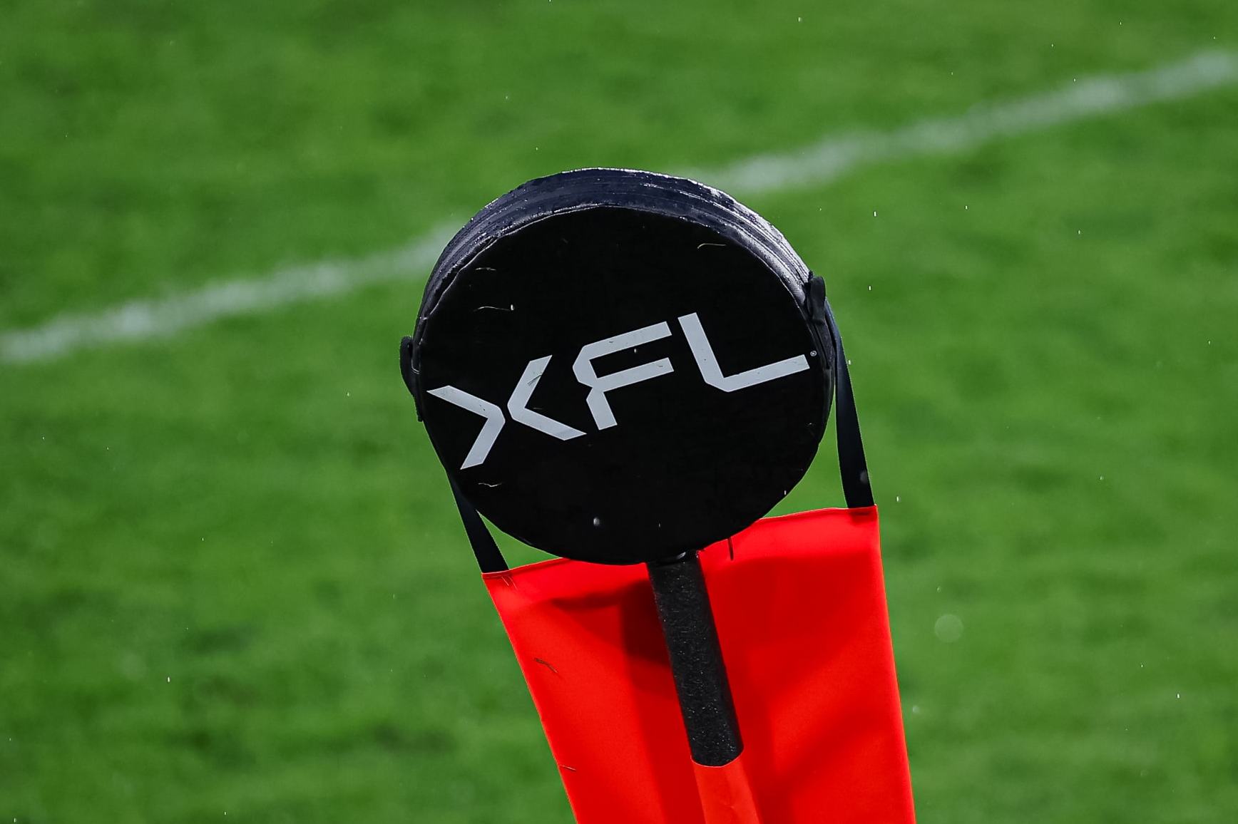 WASHINGTON, DC - MARCH 12: A general view of the XFL logo on a sideline marker during the first half of the game between the DC Defenders and the Vegas Vipers at Audi Field on March 12, 2023 in Washington, DC. (Photo by Scott Taetsch/Getty Images)