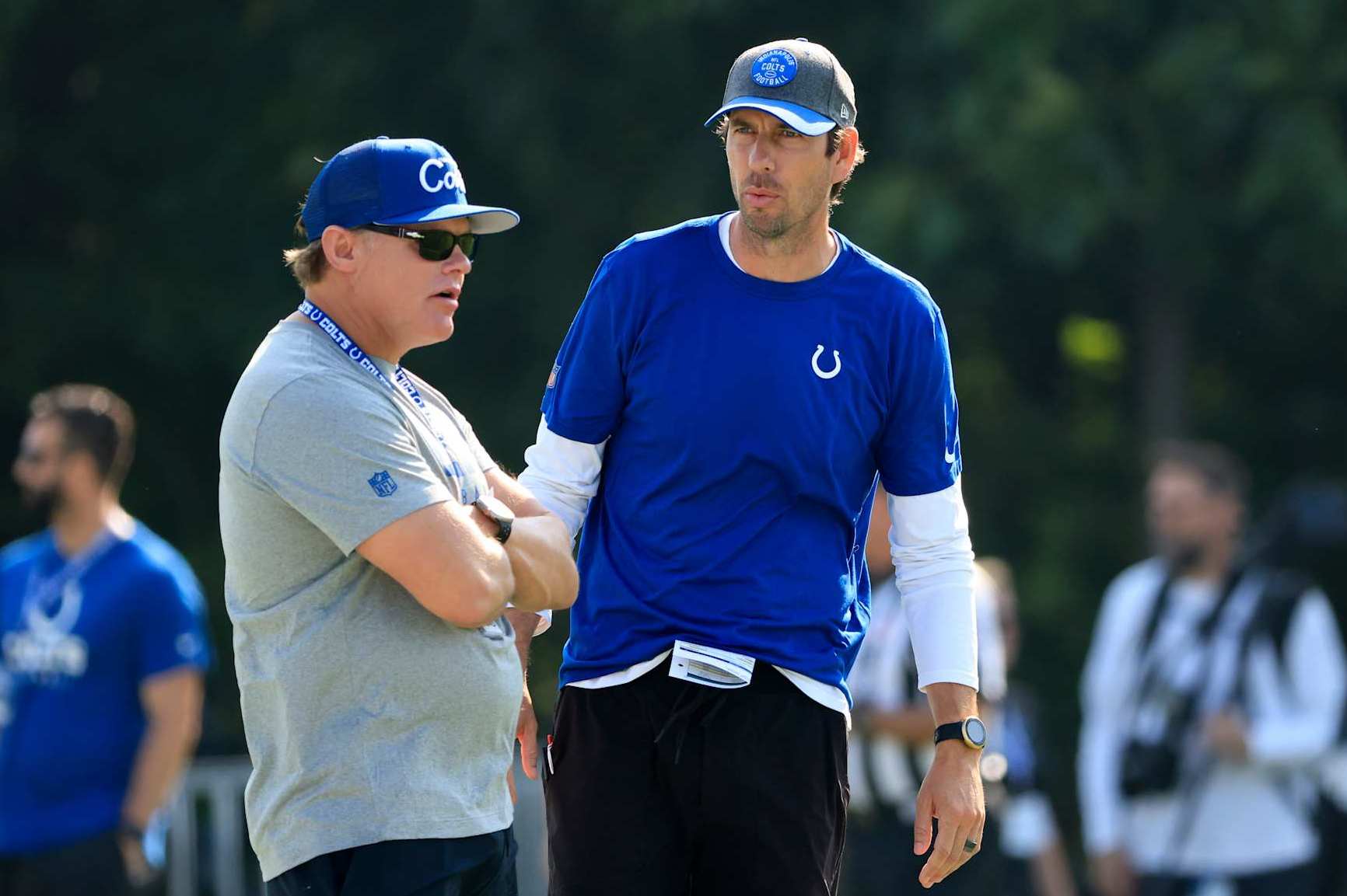 WESTFIELD, INDIANA - JULY 26: Head coach Shane Steichen of the Indianapolis Colts speaks with General Manager Chris Ballard on the first day of the Indianapolis Colts Training Camp at Grand Park Sports Campus on July 26, 2023 in Westfield, Indiana. (Photo by Justin Casterline/Getty Images)