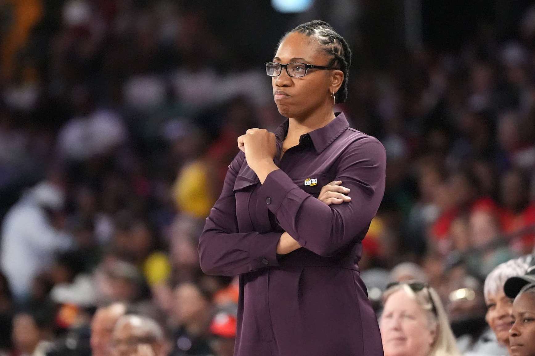 ATLANTA, GA - JULY 12: Head Coach Tanisha Wright of the Atlanta Dream looks on during the game against the Las Vegas Aces on July 12, 2024 at Gateway Center Arena at College Park in Atlanta, Georgia. NOTE TO USER: User expressly acknowledges and agrees that, by downloading and or using this photograph, User is consenting to the terms and conditions of the Getty Images License Agreement. Mandatory Copyright Notice: Copyright 2024 NBAE (Photo by Dale Zanine/NBAE via Getty Images)