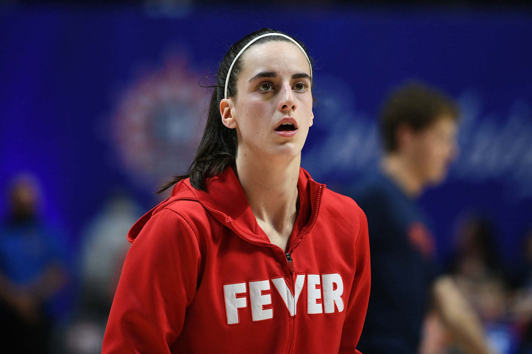 UNCASVILLE, CT - SEPTEMBER 25: Indiana Fever guard Caitlin Clark (22) looks on during halftime of game 2 of the first round of the WNBA Playoffs between the Indiana Fever and the Connecticut Sun on September 25, 2024, at Mohegan Sun Arena in Uncasville, CT. (Photo by Erica Denhoff/Icon Sportswire via Getty Images)