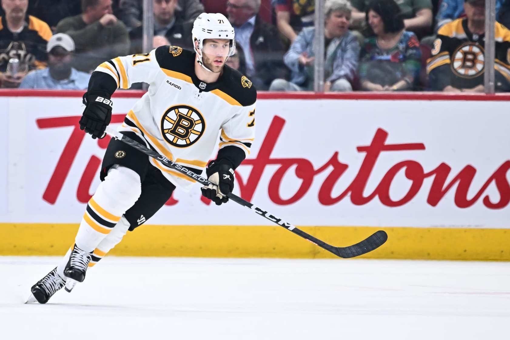MONTREAL, CANADA - APRIL 13: Taylor Hall #71 of the Boston Bruins skates during the first period against the Montreal Canadiens at Centre Bell on April 13, 2023 in Montreal, Quebec, Canada. The Boston Bruins defeated the Montreal Canadiens 5-4. (Photo by Minas Panagiotakis/Getty Images)