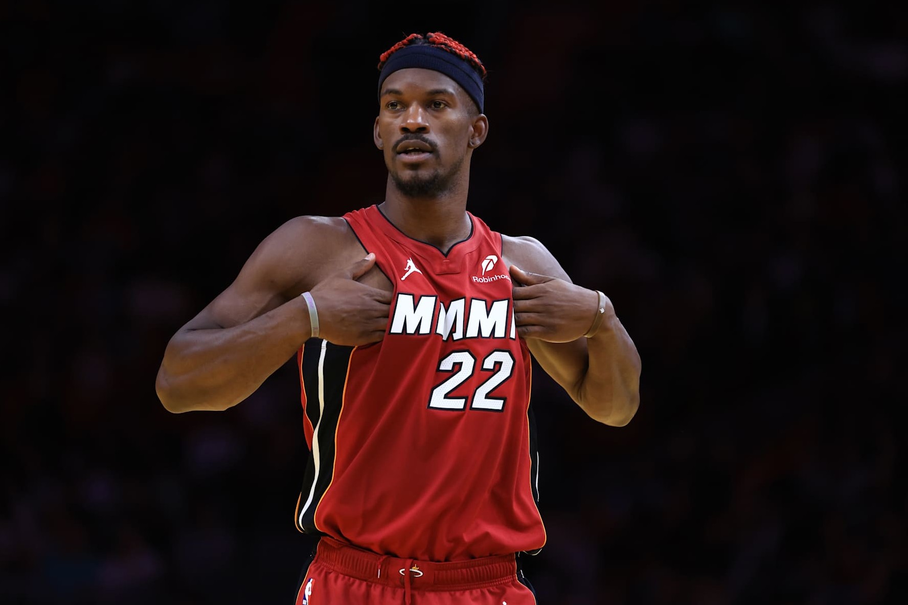 MIAMI, FLORIDA - NOVEMBER 29: Jimmy Butler #22 of the Miami Heat reacts against the Toronto Raptors during the second quarter of the Emirates NBA Cup at Kaseya Center on November 29, 2024 in Miami, Florida. NOTE TO USER: User expressly acknowledges and agrees that, by downloading and or using this photograph, User is consenting to the terms and conditions of the Getty Images License Agreement. (Photo by Megan Briggs/Getty Images)