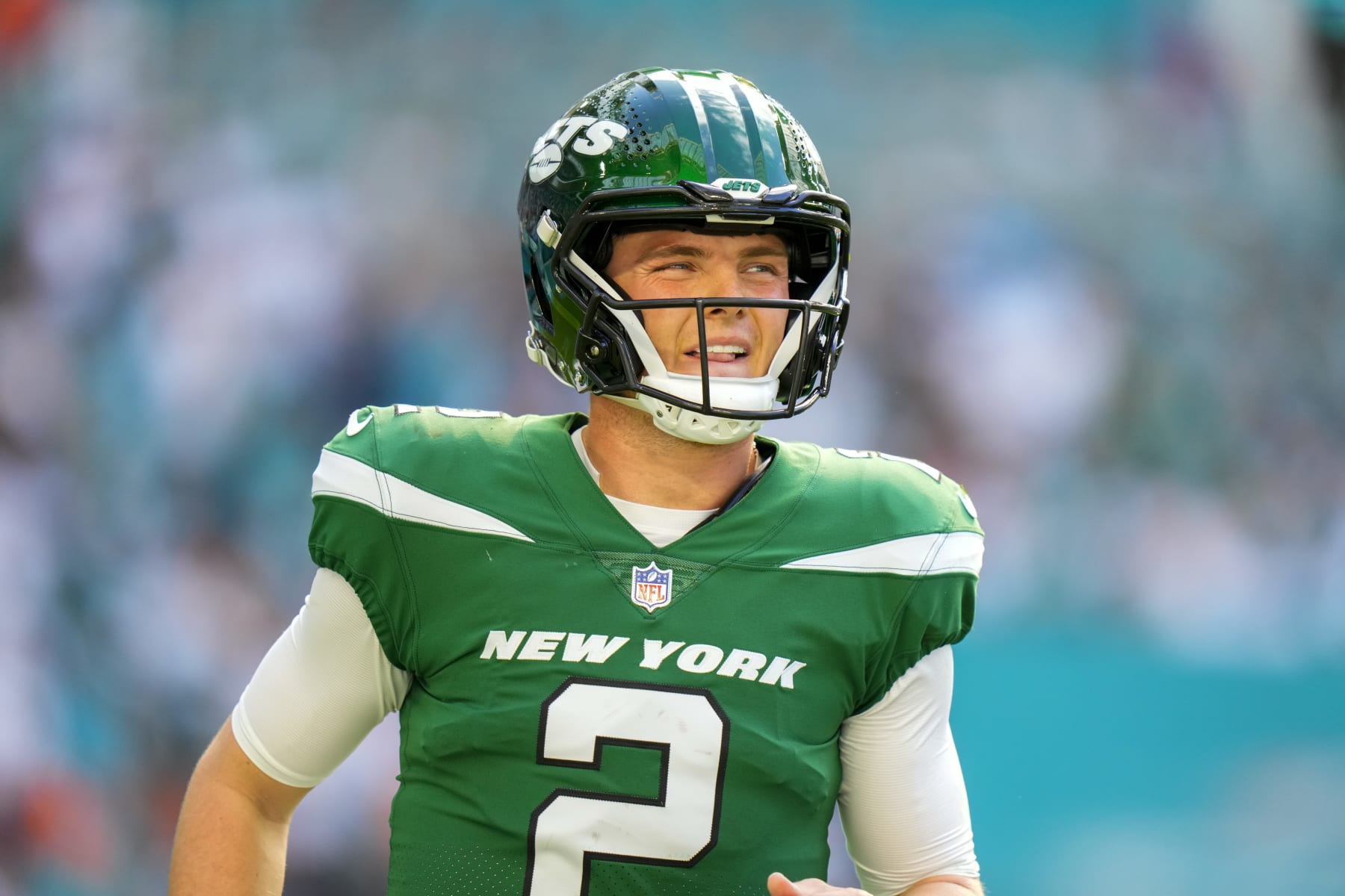 MIAMI GARDENS, FLORIDA - DECEMBER 17: Zach Wilson #2 of the New York Jets looks on against the Miami Dolphins during the first half at Hard Rock Stadium on December 17, 2023 in Miami Gardens, Florida. (Photo by Rich Storry/Getty Images)