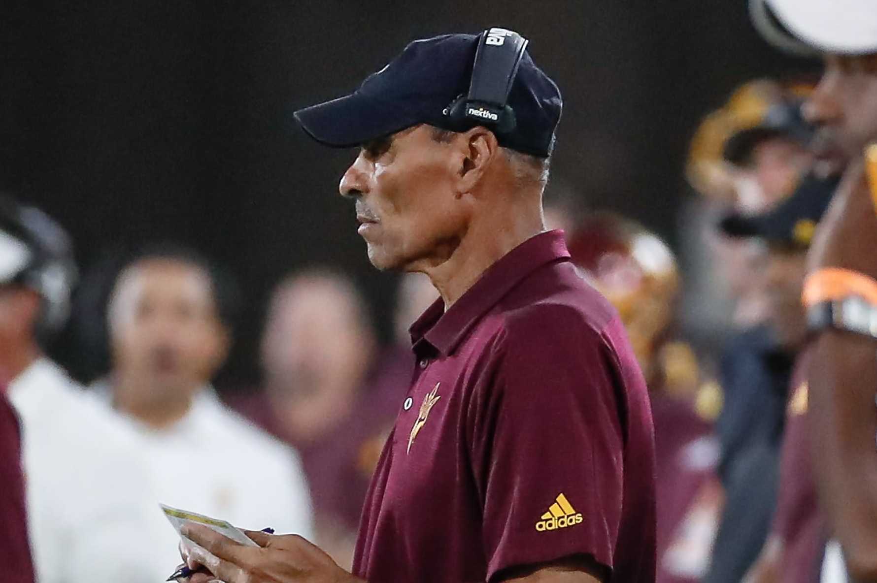 TEMPE, AZ - SEPTEMBER 17:  Arizona State Sun Devils head coach Herm Edwards looks on during the college football game between the Eastern Michigan Eagles and the Arizona State Sun Devils on September 17, 2022 at Sun Devil Stadium in Tempe, Arizona. (Photo by Kevin Abele/Icon Sportswire via Getty Images)