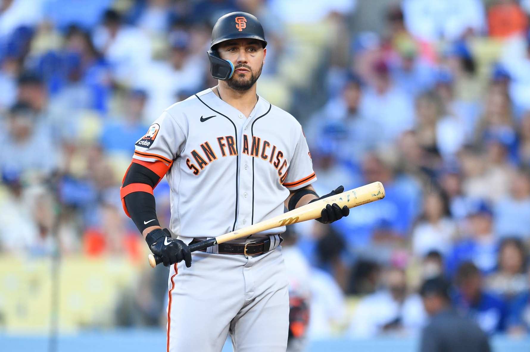 LOS ANGELES, CA - SEPTEMBER 21: San Francisco Giants left fielder Michael Conforto (8) looks on during the MLB game between the San Francisco Giants and the Los Angeles Dodgers on September 24, 2023 at Dodger Stadium in Los Angeles, CA. (Photo by Brian Rothmuller/Icon Sportswire via Getty Images)