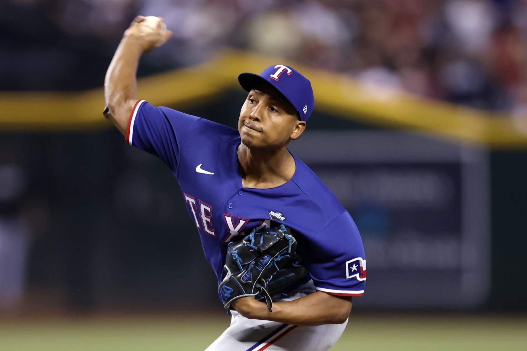PHOENIX, ARIZONA - OCTOBER 30: José Leclerc #25 of the Texas Rangers pitches in the ninth inning against the Arizona Diamondbacks during Game Three of the World Series at Chase Field on October 30, 2023 in Phoenix, Arizona. (Photo by Christian Petersen/Getty Images)