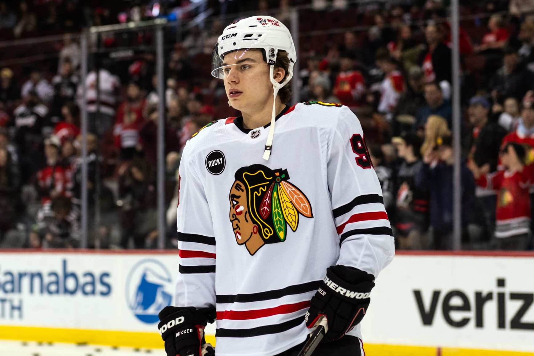 NEWARK, NEW JERSEY - JANUARY 05: Connor Bedard #98 of the Chicago Blackhawks skates during warmups prior to the game against the New Jersey Devils at Prudential Center on January 05, 2024 in Newark, New Jersey. (Photo by Michael Mooney/NHLI via Getty Images)