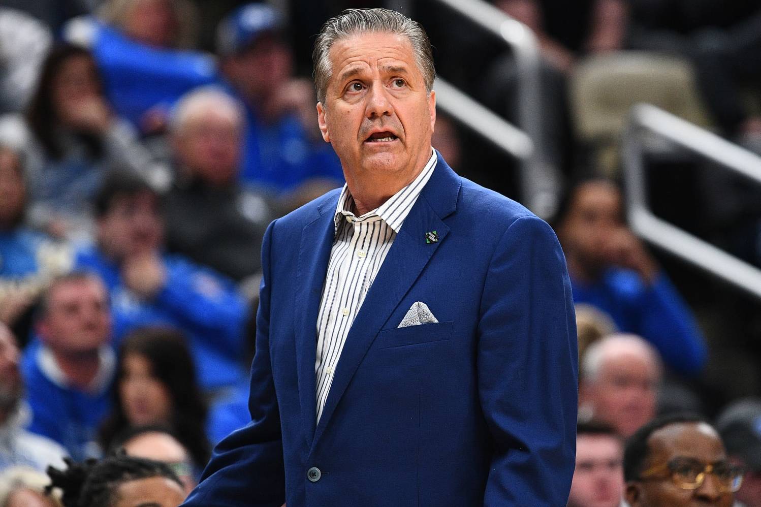 PITTSBURGH, PENNSYLVANIA - MARCH 21: Head coach John Calipari of the Kentucky Wildcats reacts to a call during the first half of a game against the Oakland Golden Grizzlies in the first round of the NCAA Men's Basketball Tournament at PPG PAINTS Arena on March 21, 2024 in Pittsburgh, Pennsylvania. (Photo by Joe Sargent/Getty Images)